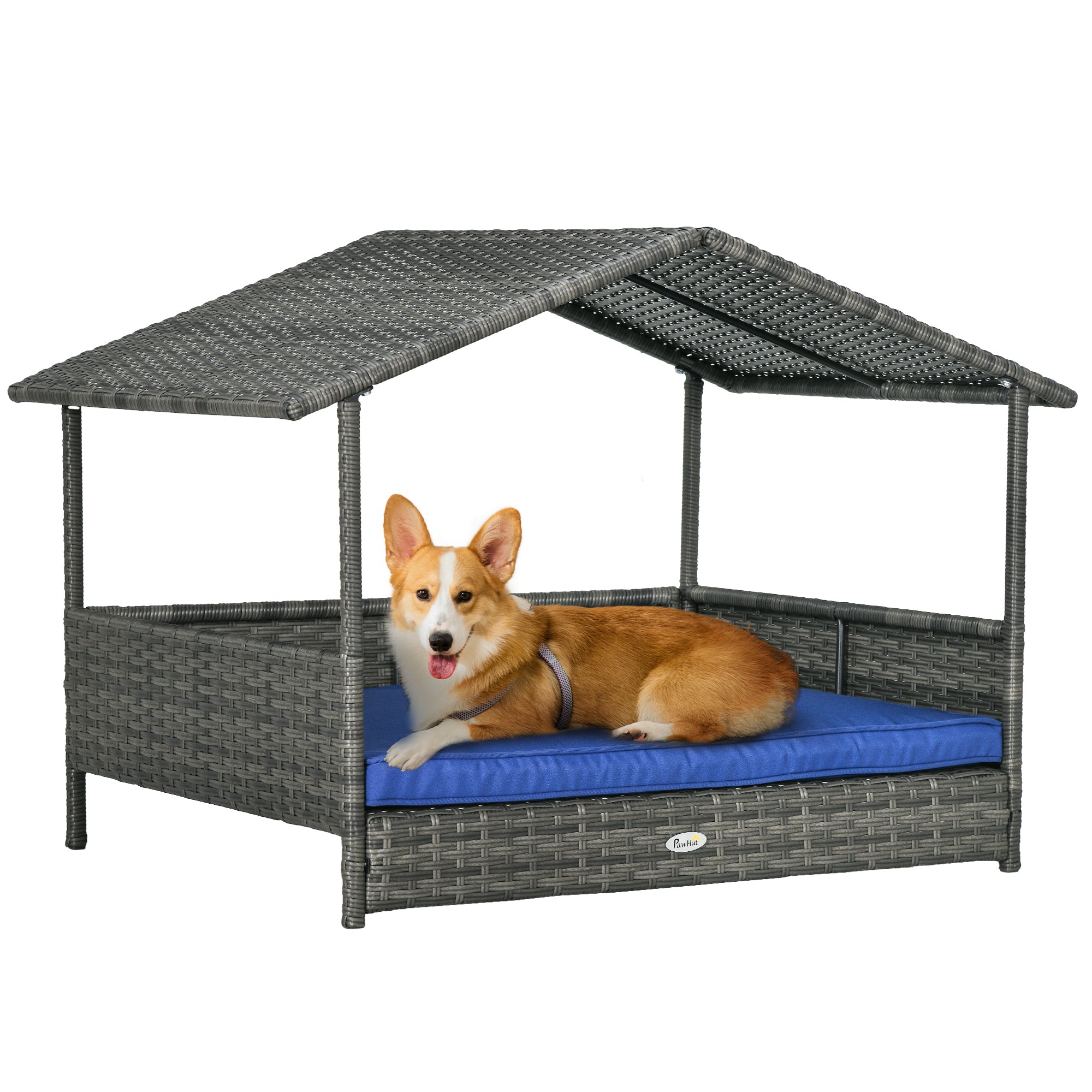 PawHut Wicker Dog House Outdoor with Canopy, Rattan Dog Bed with Water-resistant Cushion, Raised Dog Bed for Small, Medium Dogs up to 66 lbs, 19.75" in Length, Gray Wicker, Dark Blue Cushion