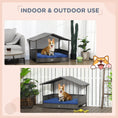 Load image into Gallery viewer, PawHut Wicker Dog House Outdoor with Canopy, Rattan Dog Bed with Water-resistant Cushion, Raised Dog Bed for Small, Medium Dogs up to 66 lbs, 19.75" in Length, Gray Wicker, Dark Blue Cushion