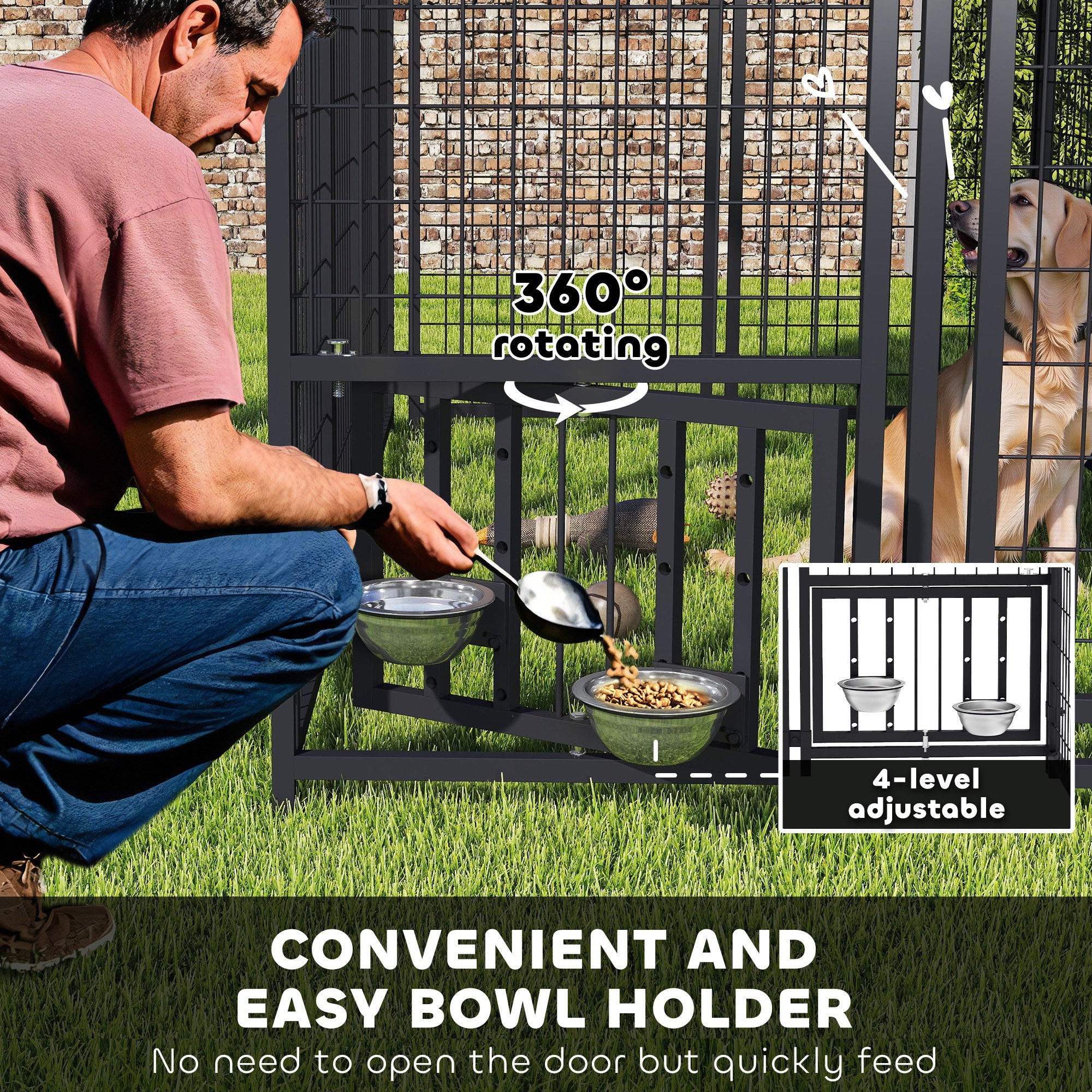 PawHut 7.9' x 4' x 6' Outdoor Dog Kennel, Welded Wire Heavy Duty Dog Run with 360° Rotating & 4 Level Adjustable Bowls, Dog Kennel Outside with Waterproof & UV Resistant Cover, for S&M&L Dogs