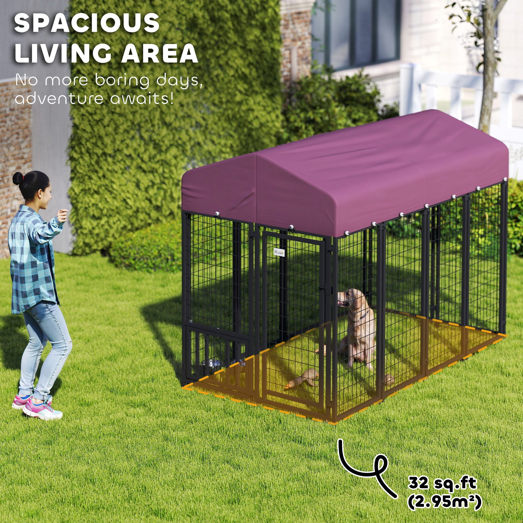 PawHut 7.9' x 4' x 6' Outdoor Dog Kennel, Welded Wire Heavy Duty Dog Run with 360° Rotating & 4 Level Adjustable Bowls, Dog Kennel Outside with Waterproof & UV Resistant Cover, for S&M&L Dogs