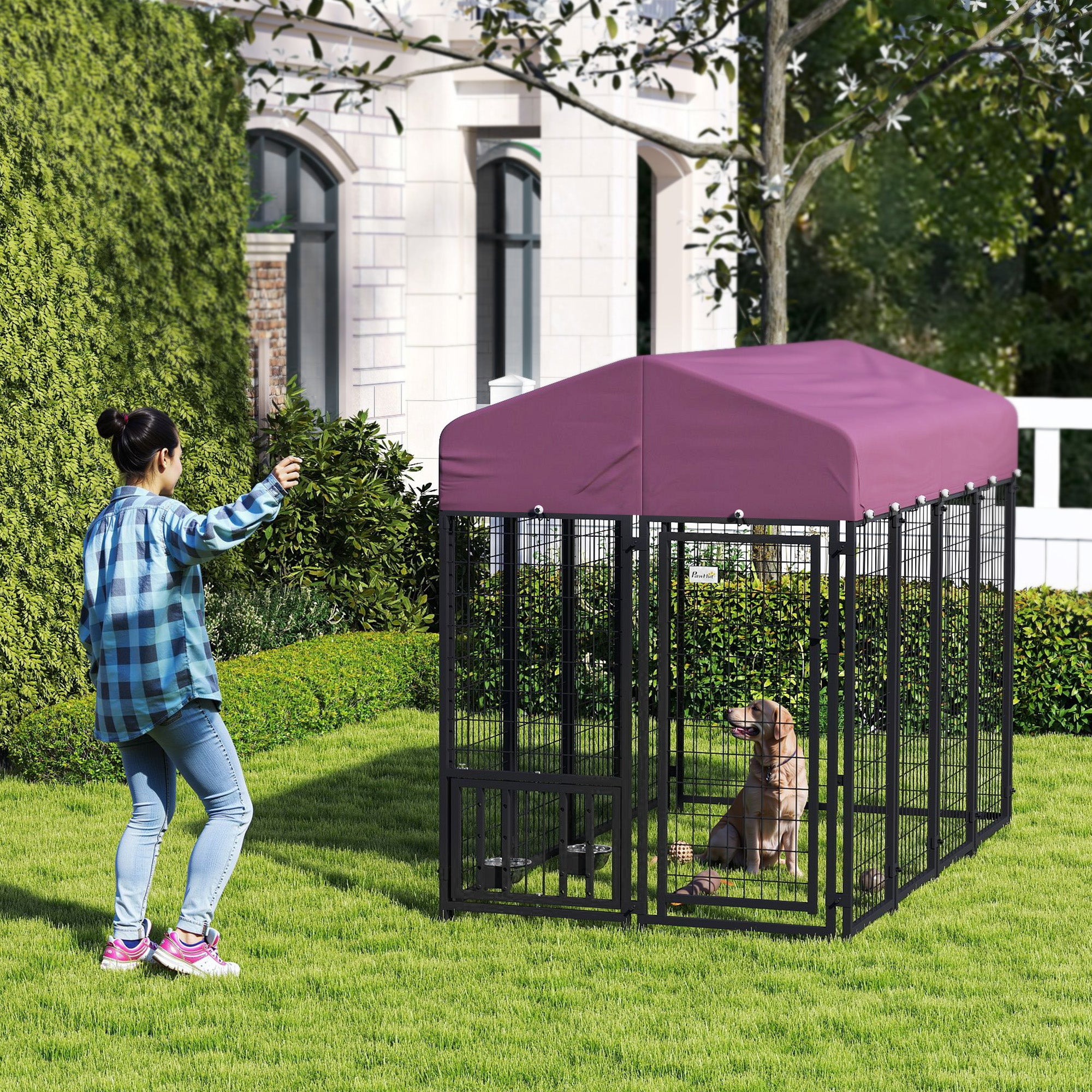 PawHut 7.9' x 4' x 6' Outdoor Dog Kennel, Welded Wire Heavy Duty Dog Run with 360° Rotating & 4 Level Adjustable Bowls, Dog Kennel Outside with Waterproof & UV Resistant Cover, for S&M&L Dogs