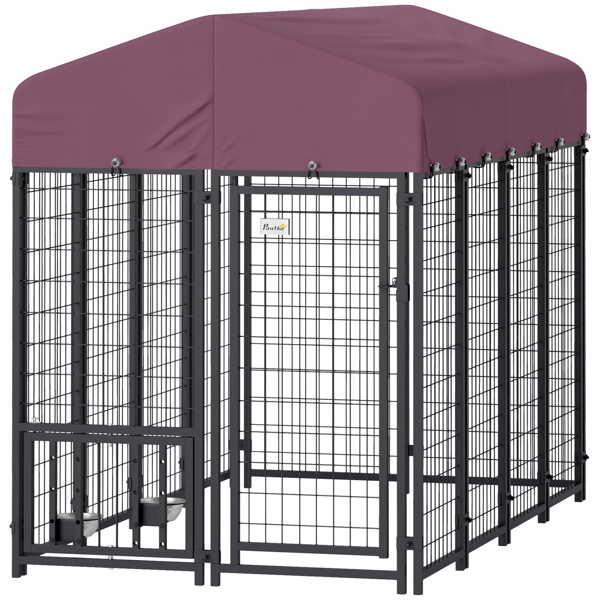 PawHut 7.9' x 4' x 6' Outdoor Dog Kennel, Welded Wire Heavy Duty Dog Run with 360° Rotating & 4 Level Adjustable Bowls, Dog Kennel Outside with Waterproof & UV Resistant Cover, for S&M&L Dogs