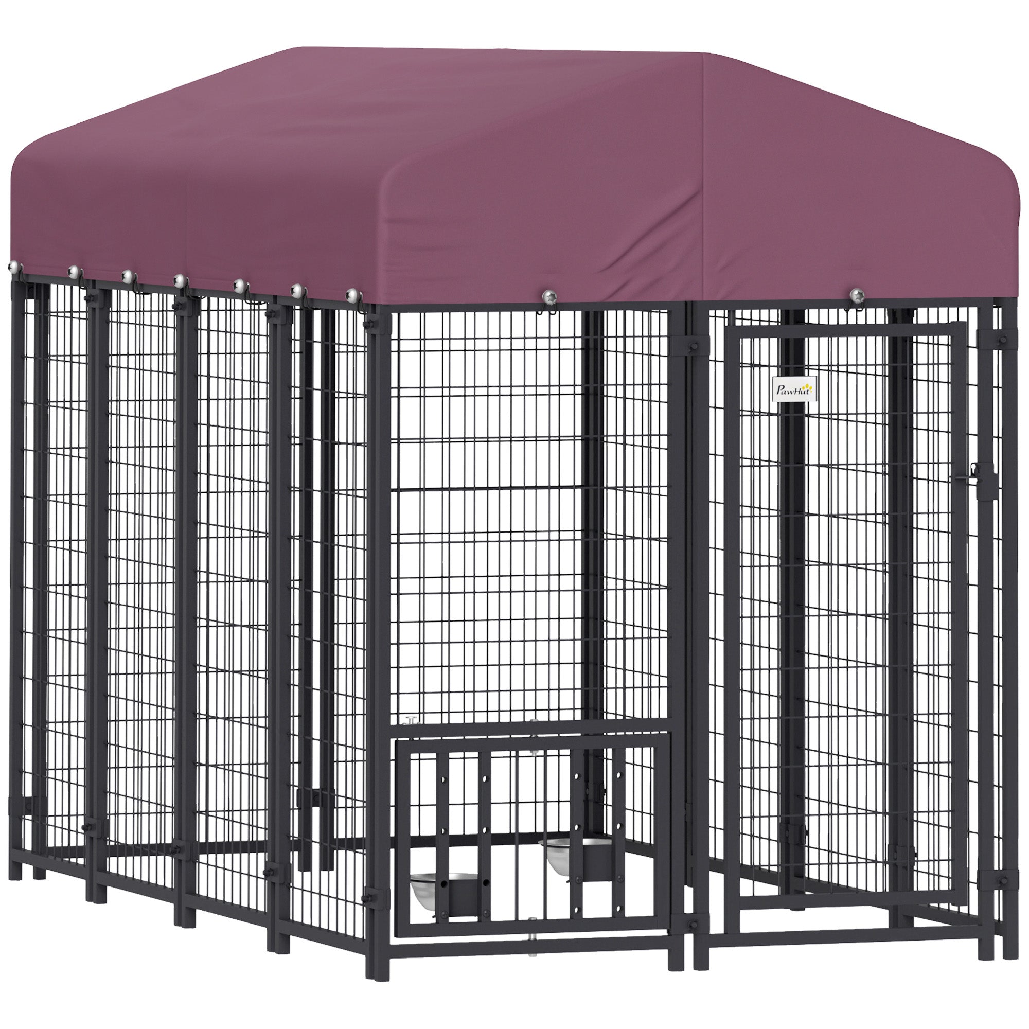 PawHut 7.9' x 4' x 6' Outdoor Dog Kennel, Welded Wire Heavy Duty Dog Run with 360° Rotating & 4 Level Adjustable Bowls, Dog Kennel Outside with Waterproof & UV Resistant Cover, for S&M&L Dogs