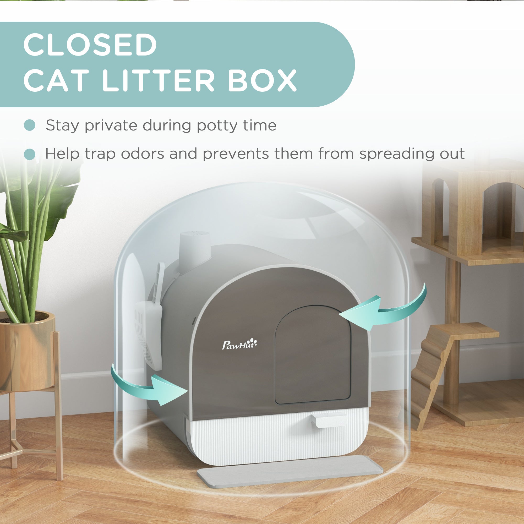 PawHut Cat Litter Box with Lid, Covered Litter Box for Indoor Cats with Tray, Scoop, Filter, 17" x 17" x 18.5", Light Gray