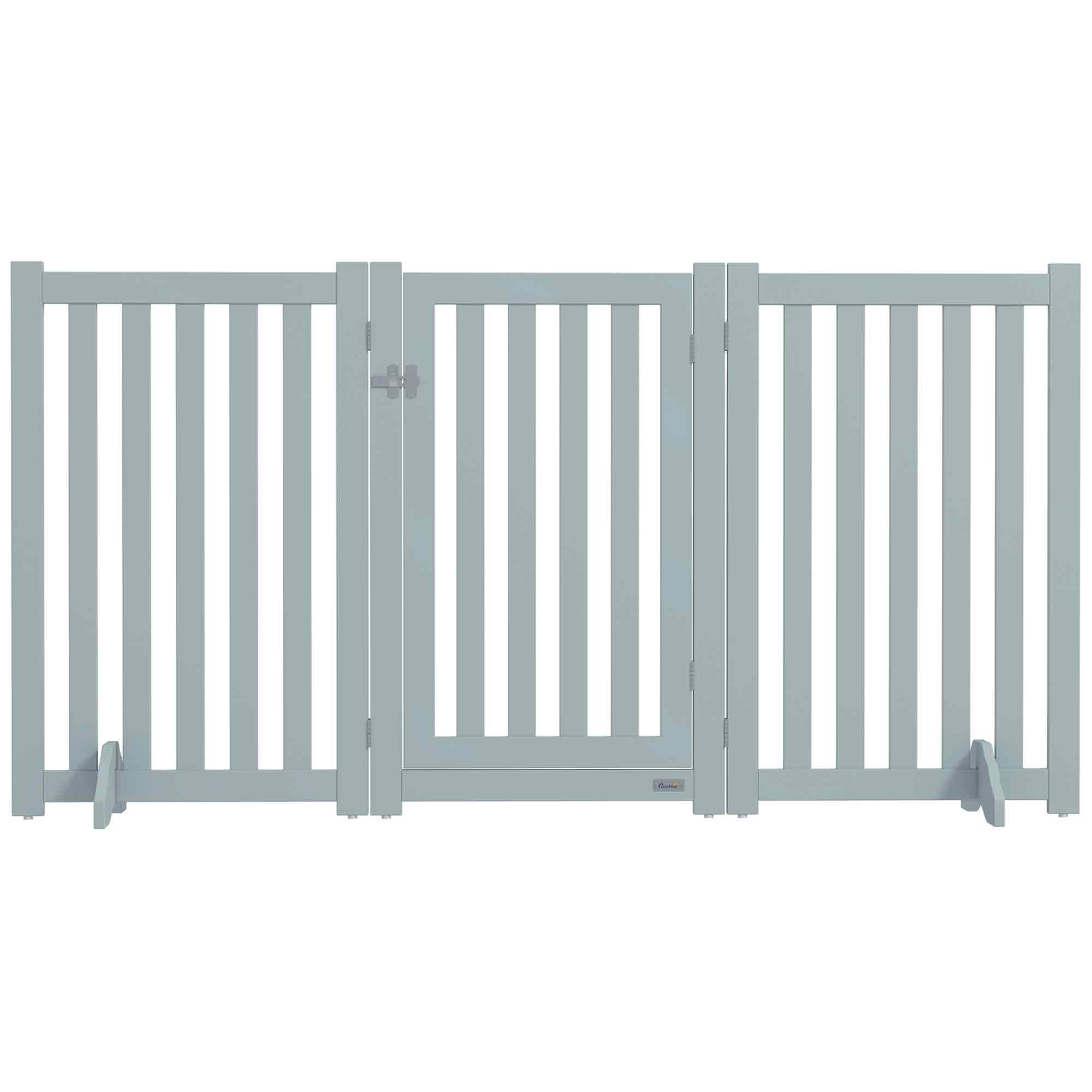 31.5"H Foldable Dog Gate with Door, 3 Panels Freestanding Pet Gate Barriers Indoor with Support Feet, Puppy Fence for Small Medium Dogs, Grey