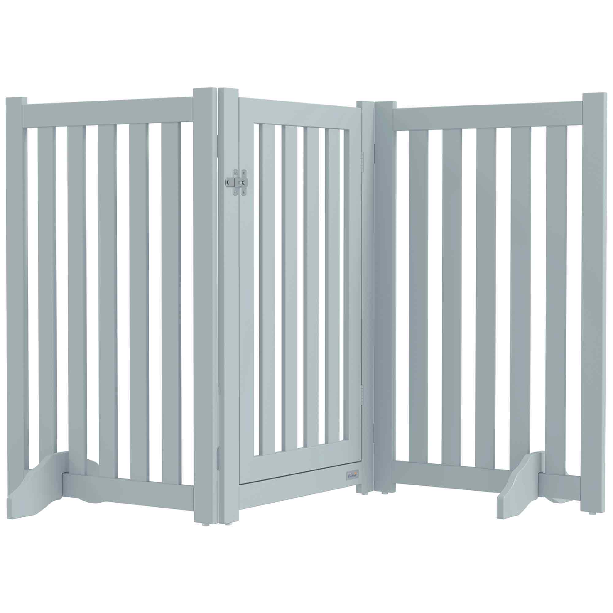 31.5"H Foldable Dog Gate with Door, 3 Panels Freestanding Pet Gate Barriers Indoor with Support Feet, Puppy Fence for Small Medium Dogs, Grey