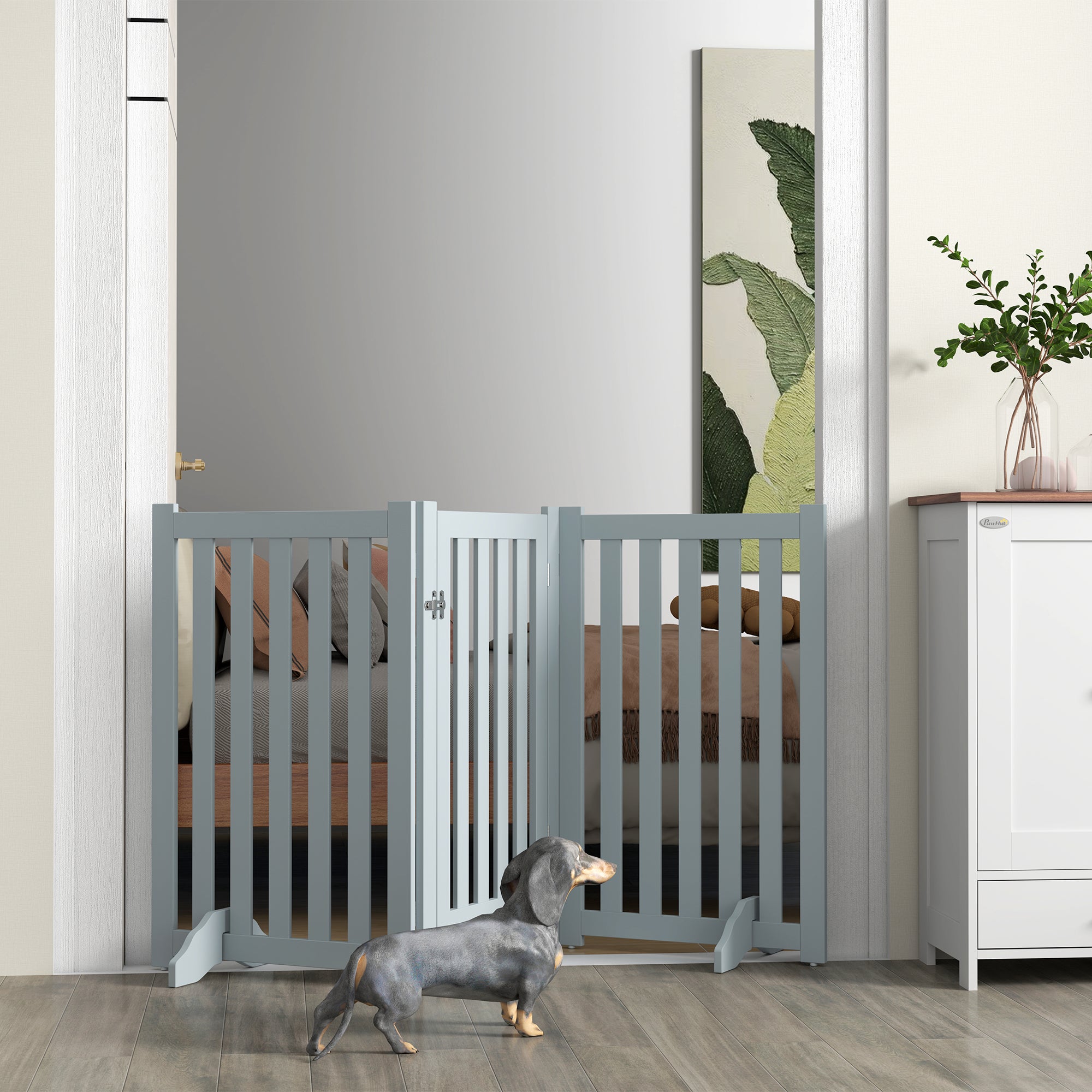 31.5"H Foldable Dog Gate with Door, 3 Panels Freestanding Pet Gate Barriers Indoor with Support Feet, Puppy Fence for Small Medium Dogs, Grey