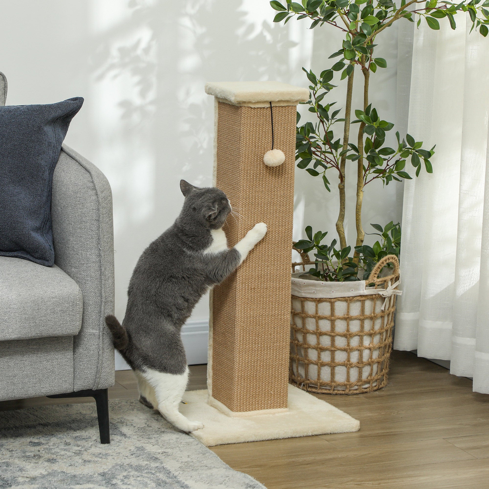 Cat Scratching Post for Indoor Cats, 81cm Cat Scratcher, Vertical Full Scratcher with Natural Jute Rope, Hanging Ball and Soft Plush, Beige