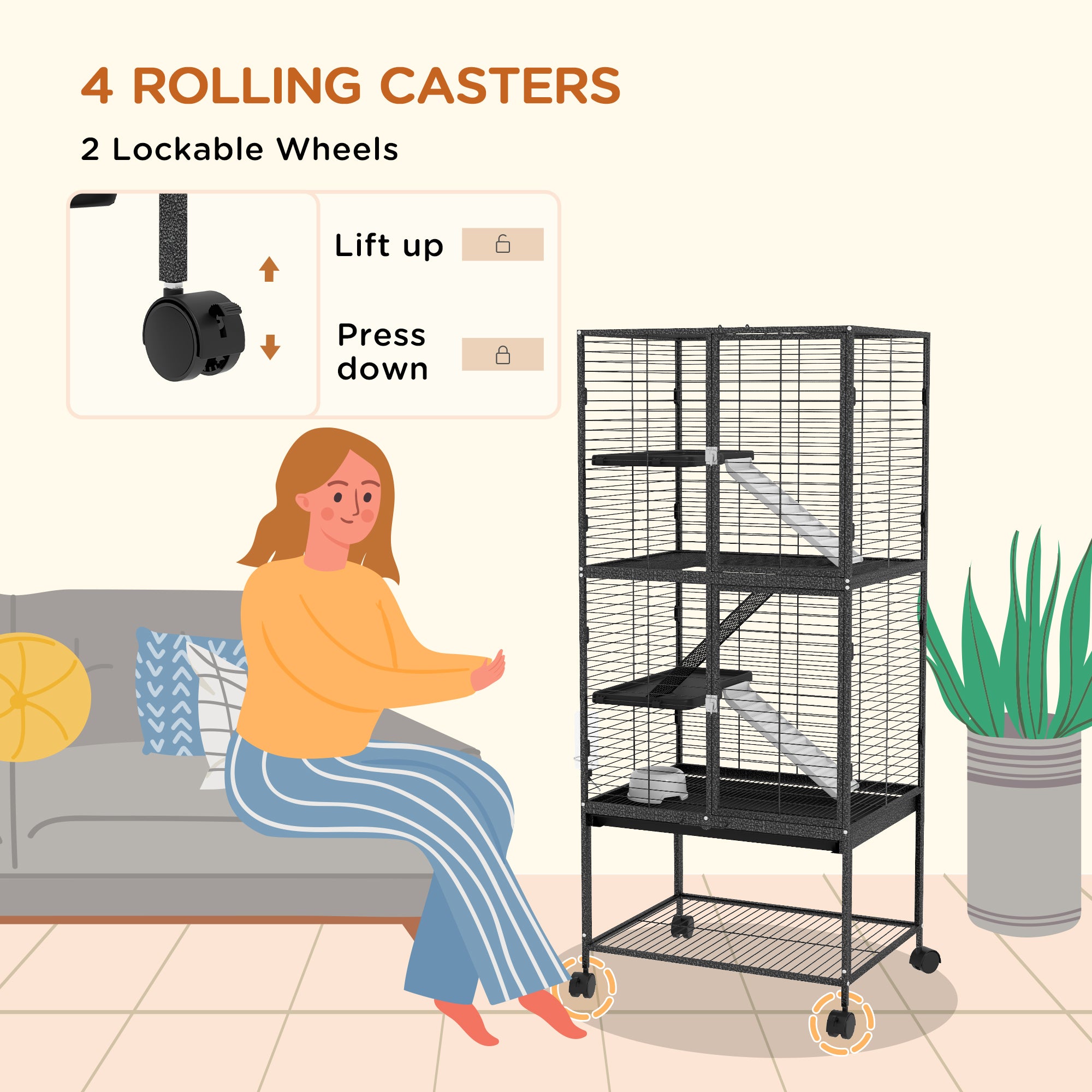 Ferret Cage Rolling Small Animal Cage 4 Levels Pet Cage 136cm Height for Chinchillas, Squirrels with 3 Doors, Storage Shelf, Tray, Bowl, Water Bottle, Ramps - Charcoal Grey
