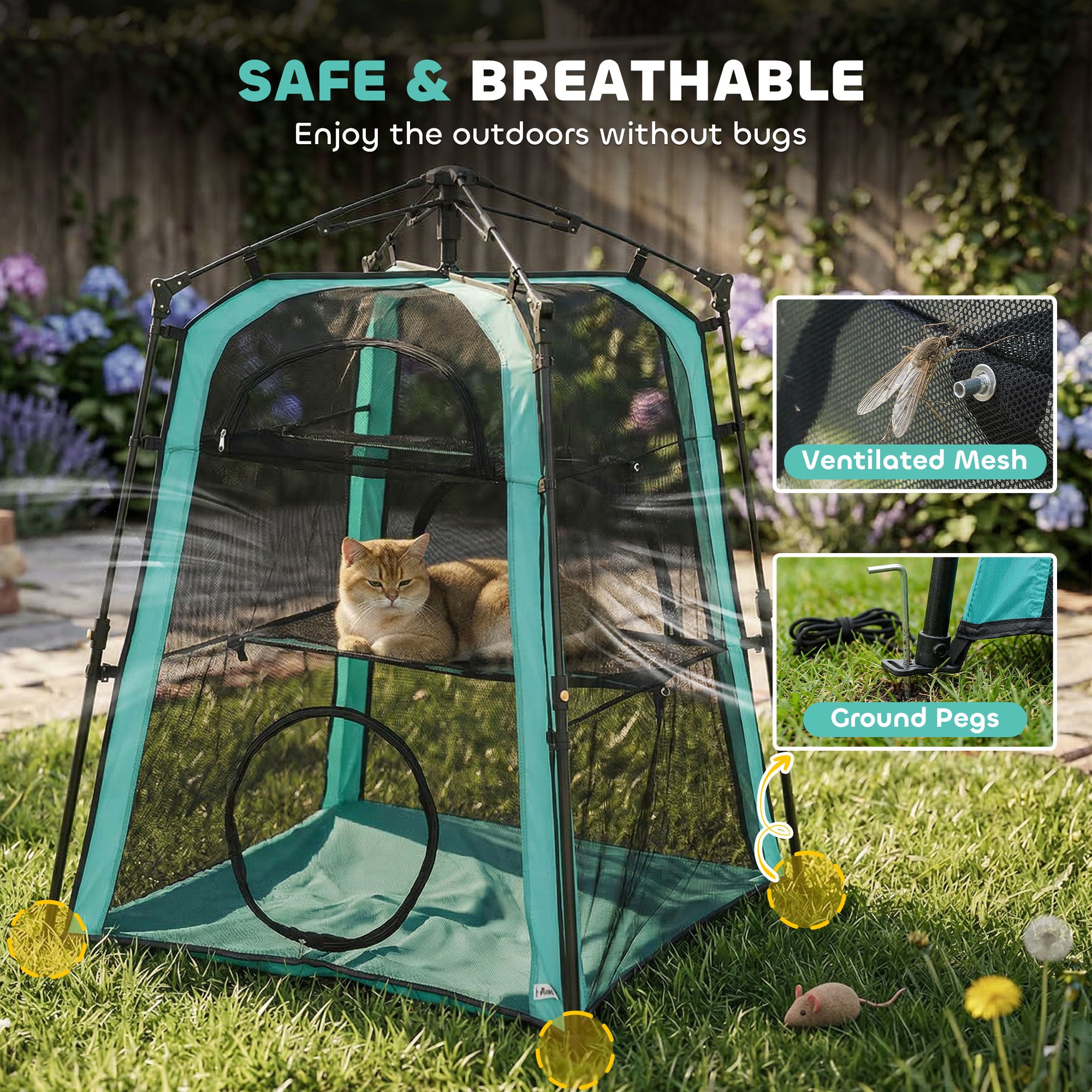 Cat Tent, 3-Tier Portable Pet Tent for Indoor Outdoor, Cat House with Multi-Door, Carry Bag, Breathable Mesh for Security & Ventilation, Sun Protection, Green
