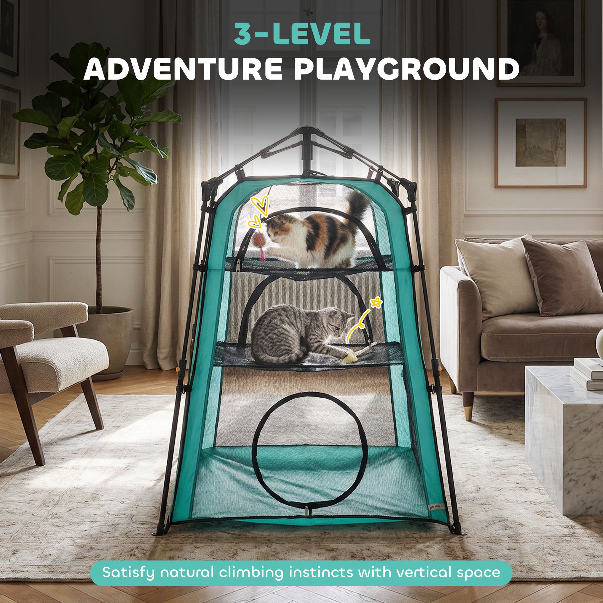 Cat Tent, 3-Tier Portable Pet Tent for Indoor Outdoor, Cat House with Multi-Door, Carry Bag, Breathable Mesh for Security & Ventilation, Sun Protection, Green