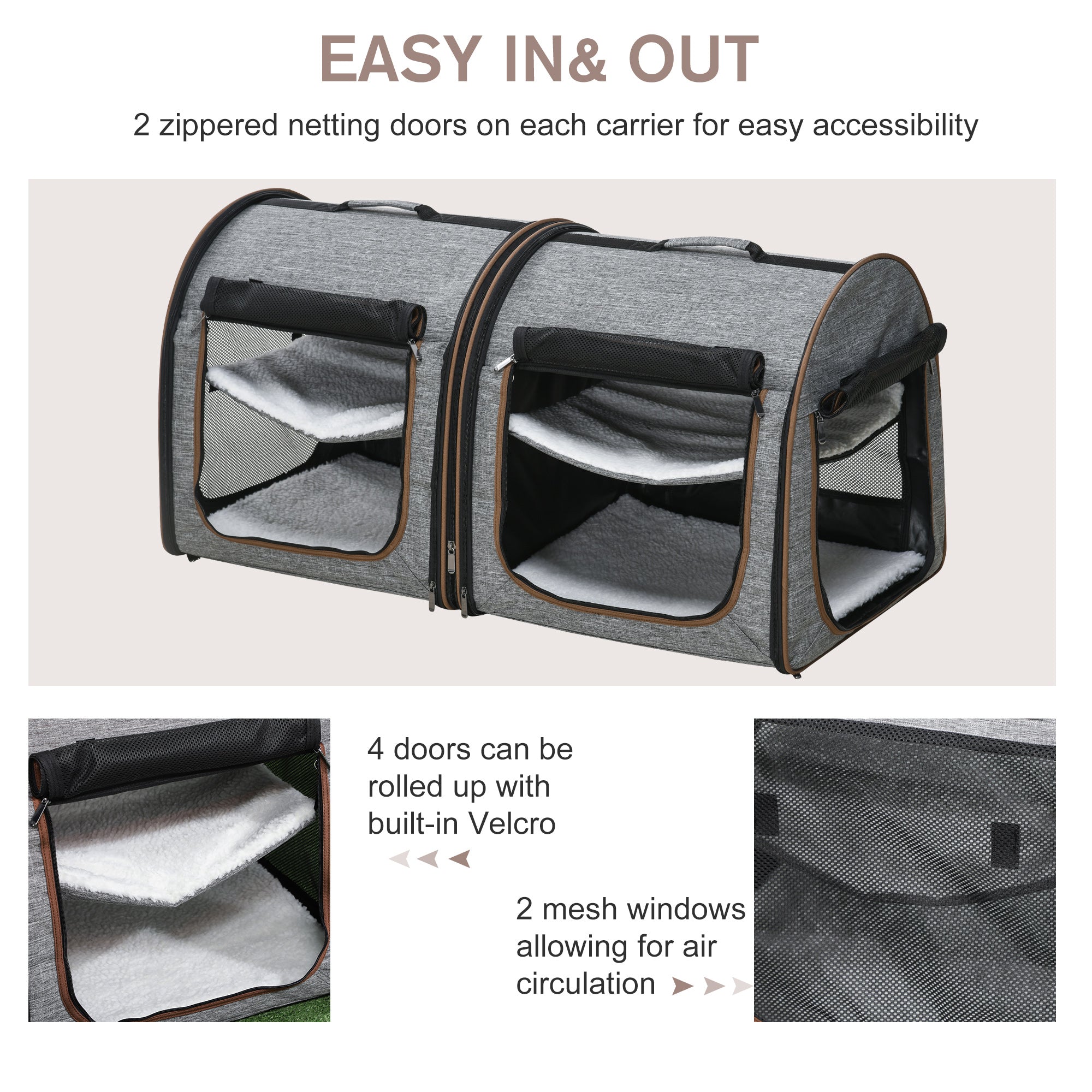 39" Travel Pet Carrier, Portable Soft-Sided Cat Carrier with Divider, Two Compartments, Soft Cushions & Storage Bag, Grey