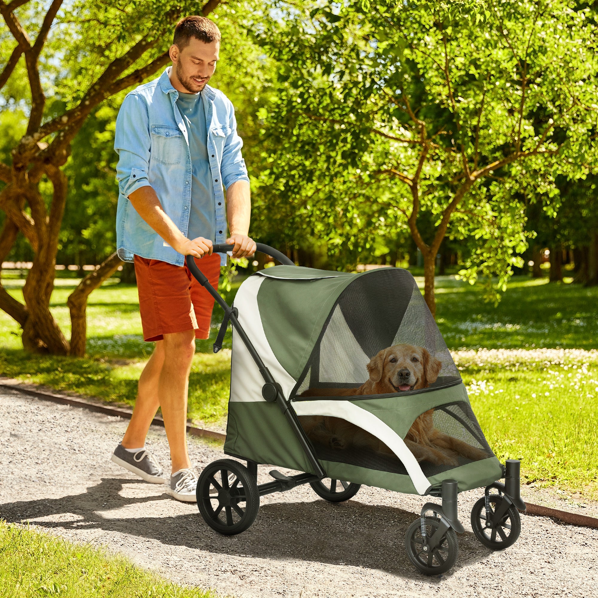 Dog Stroller, Easy Folding Pet Stroller for Large Dogs, Puppy Pram Pet Pushchair with 4 Big Wheels, Shock-Absorbing Frame, Safety Leashes, Brakes, Dark Green