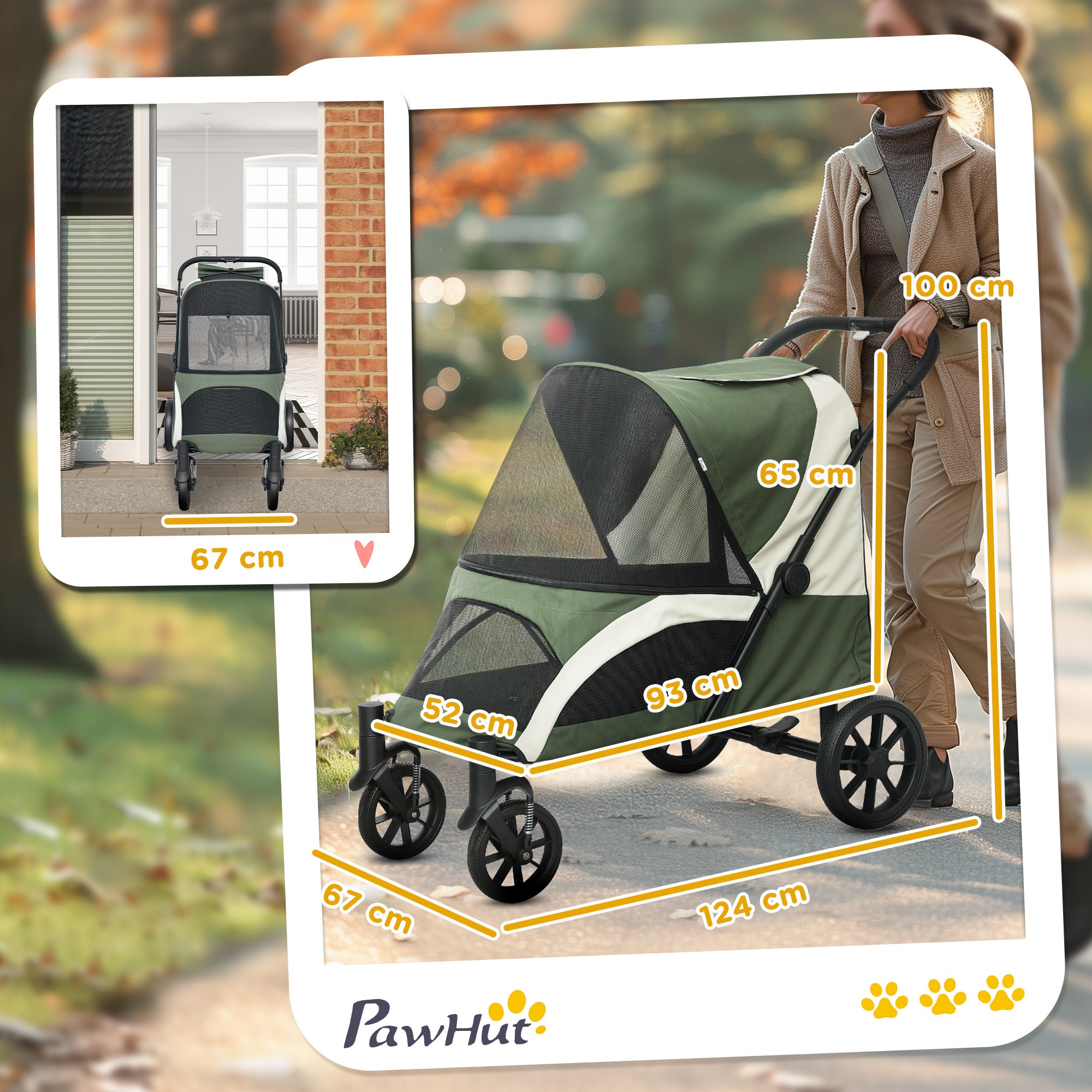 Dog Stroller, Easy Folding Pet Stroller for Large Dogs, Puppy Pram Pet Pushchair with 4 Big Wheels, Shock-Absorbing Frame, Safety Leashes, Brakes, Dark Green