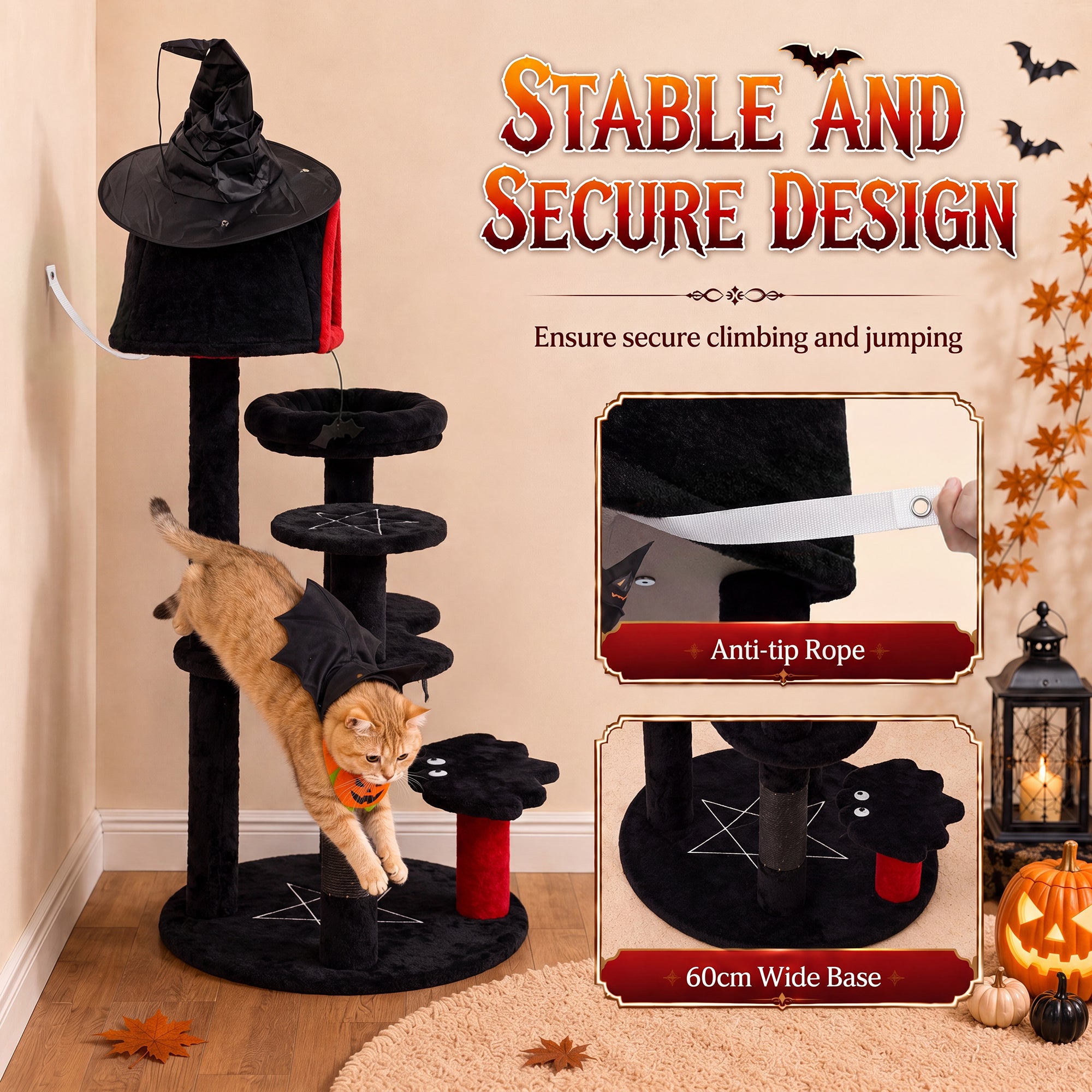 Gothic Cat Tree, 155cm Cat Tower for Indoor Kittens, Multi-Level Stable Kitten Activity Centre with Sisal Scratching Posts, Bed and Condo for Climbing, Playing, Relaxing, Black, Halloween