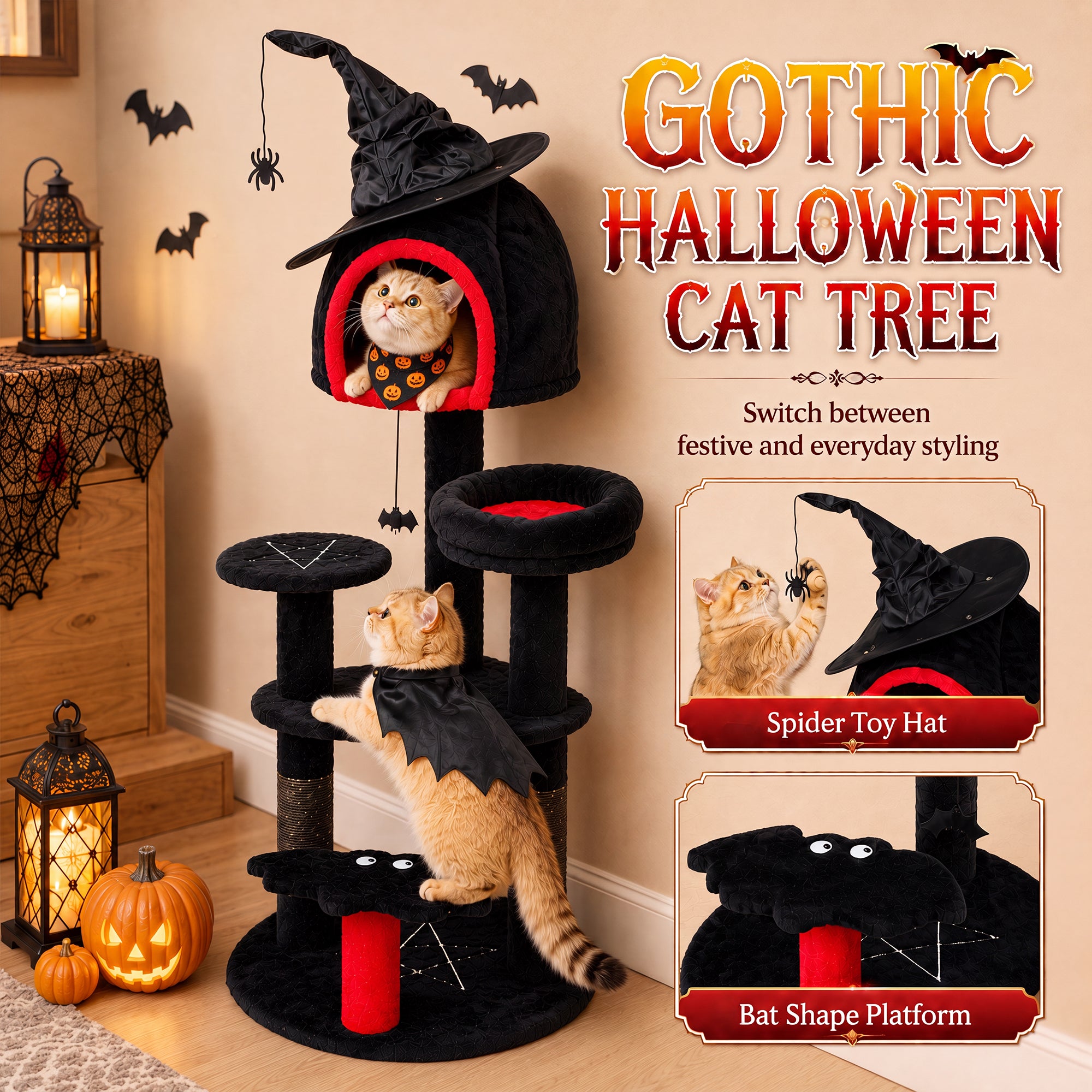 Gothic Cat Tree, 155cm Cat Tower for Indoor Kittens, Multi-Level Stable Kitten Activity Centre with Sisal Scratching Posts, Bed and Condo for Climbing, Playing, Relaxing, Black, Halloween
