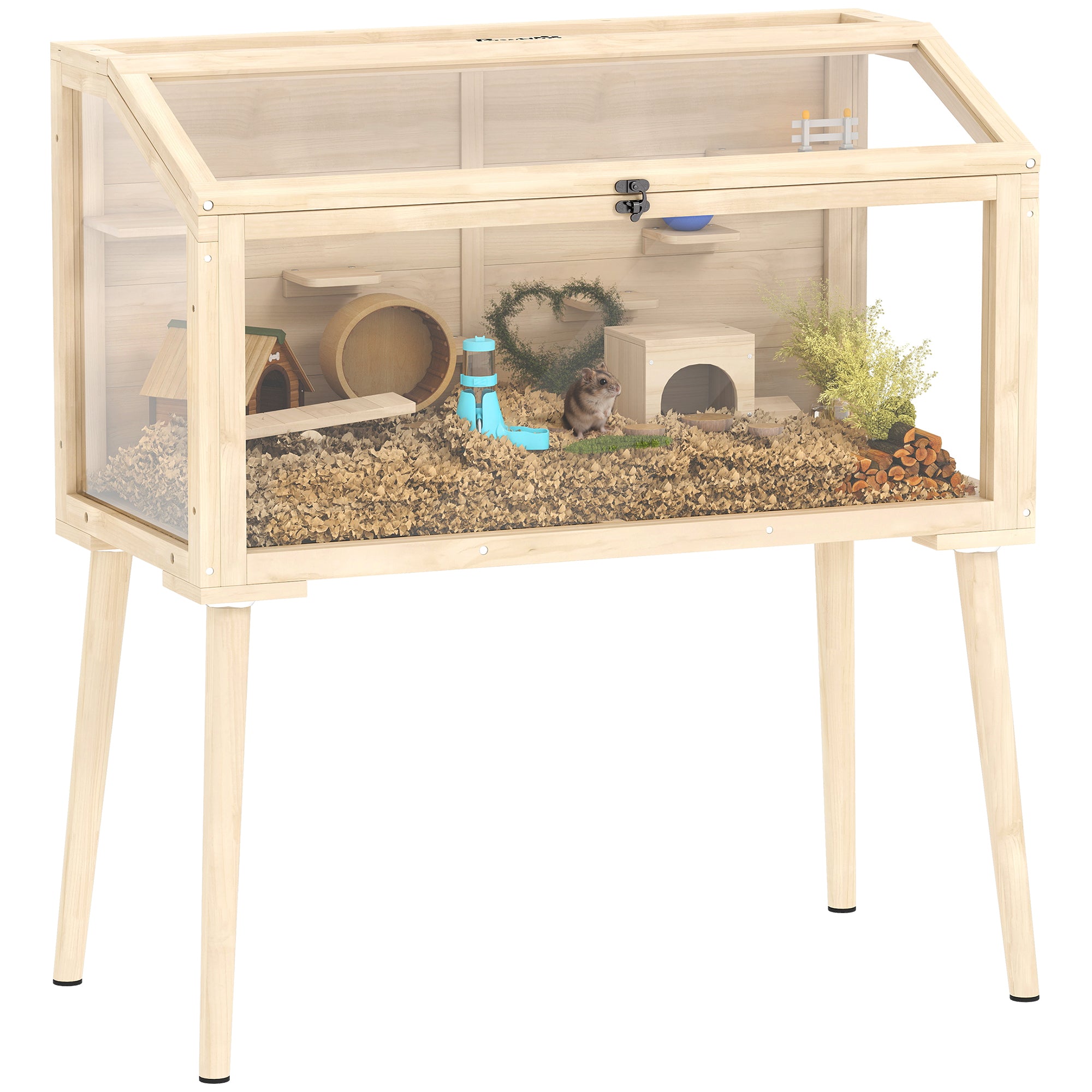 Wooden Hamster Cage, Gerbil Cage with Openable Top, Seesaws, Platforms, Water Bottle, Hamster Habitat with Transparent Viewing for Syrian, Dwarf, Rats, 43.3" x 20.5" x 39.8"