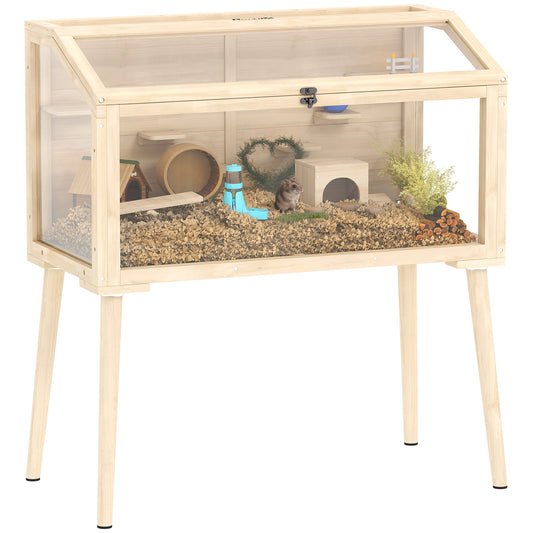 Wooden Hamster Cage, Gerbil Cage with Openable Top, Seesaws, Platforms, Water Bottle, Hamster Habitat with Transparent Viewing for Syrian, Dwarf, Rats, 43.3" x 20.5" x 39.8"