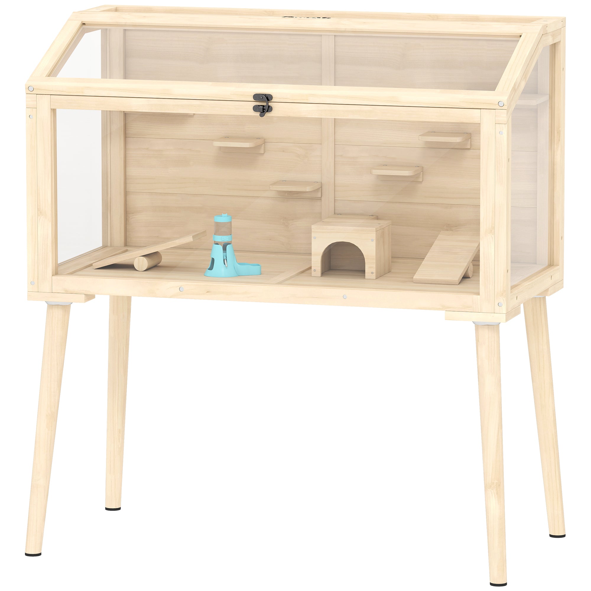 Wooden Hamster Cage, Gerbil Cage with Openable Top, Seesaws, Platforms, Water Bottle, Hamster Habitat with Transparent Viewing for Syrian, Dwarf, Rats, 43.3" x 20.5" x 39.8"