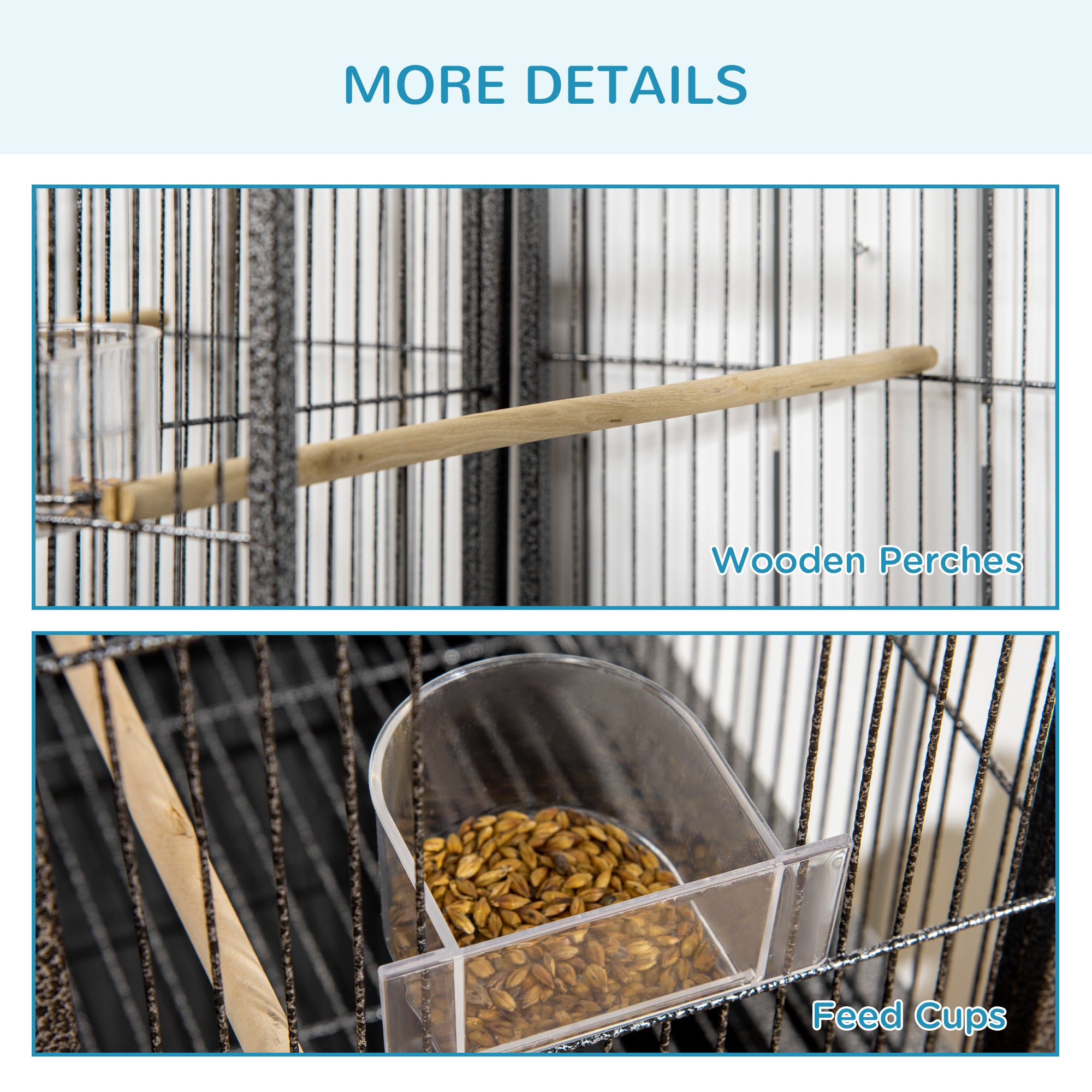 65" Double Rolling Metal Bird Cage with Divider, Large Parrot Cage for Parakeet, Canaries, Lovebirds, Budgie, Finch, with Detachable Rolling Stand, Storage Shelf, Wood Perch & Food Container