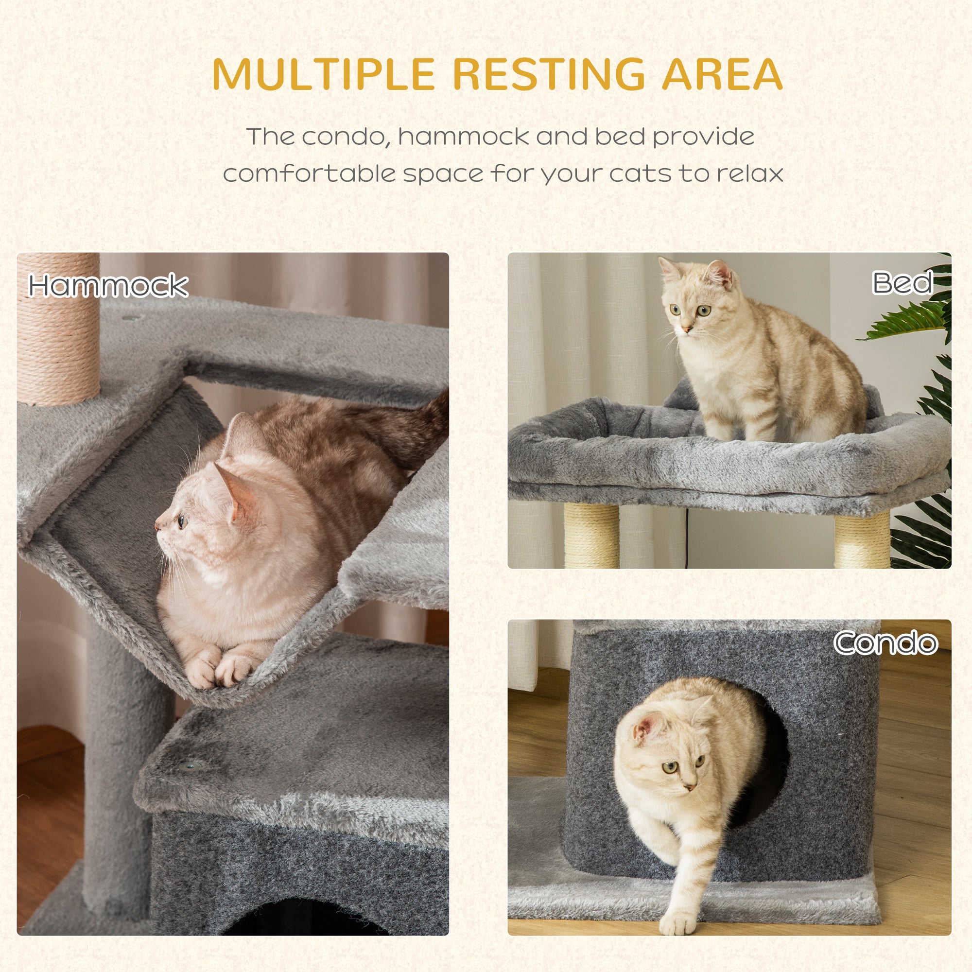 Cat Tree, 90cm Cat Tower with Sisal Scratching Posts, Cat Condo, Hammock, Top Perch and 2 Hanging Toys for Indoor Cats, Grey