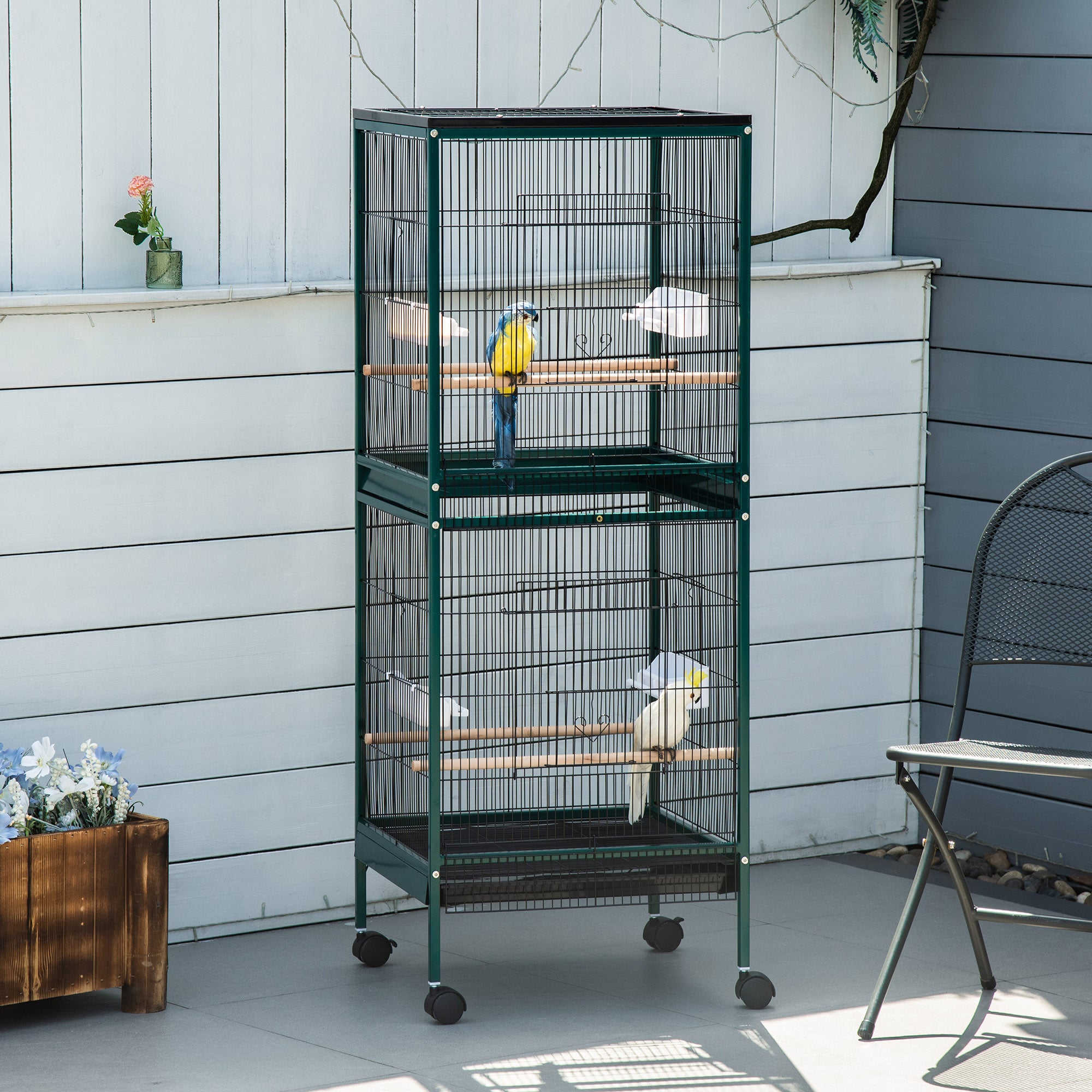 55.1" 2 In 1 Bird Cage Aviary Parakeet House for finches, budgies with Wheels, Slide-out Trays, Wood Perch, Food Containers, Green