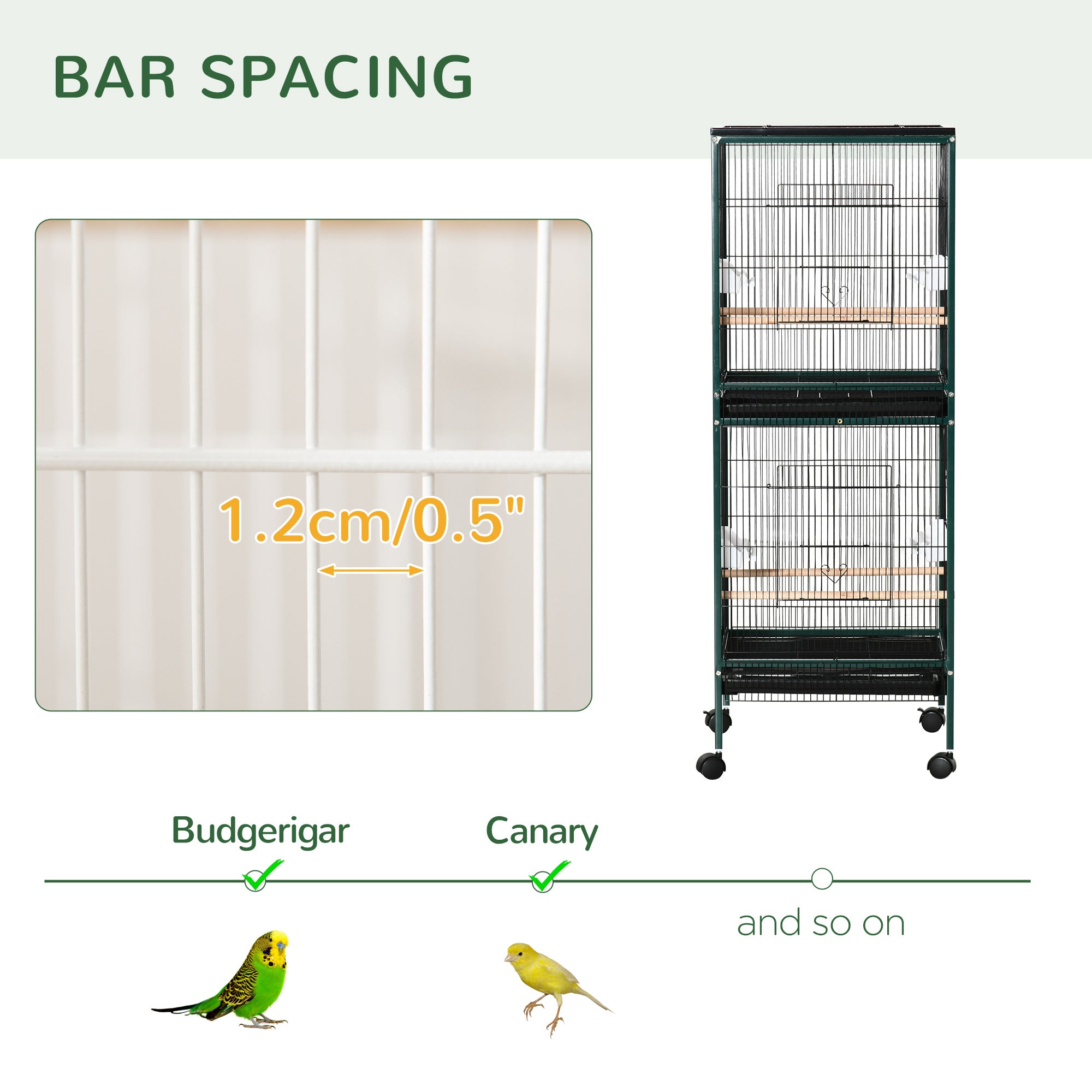 55.1" 2 In 1 Bird Cage Aviary Parakeet House for finches, budgies with Wheels, Slide-out Trays, Wood Perch, Food Containers, Green