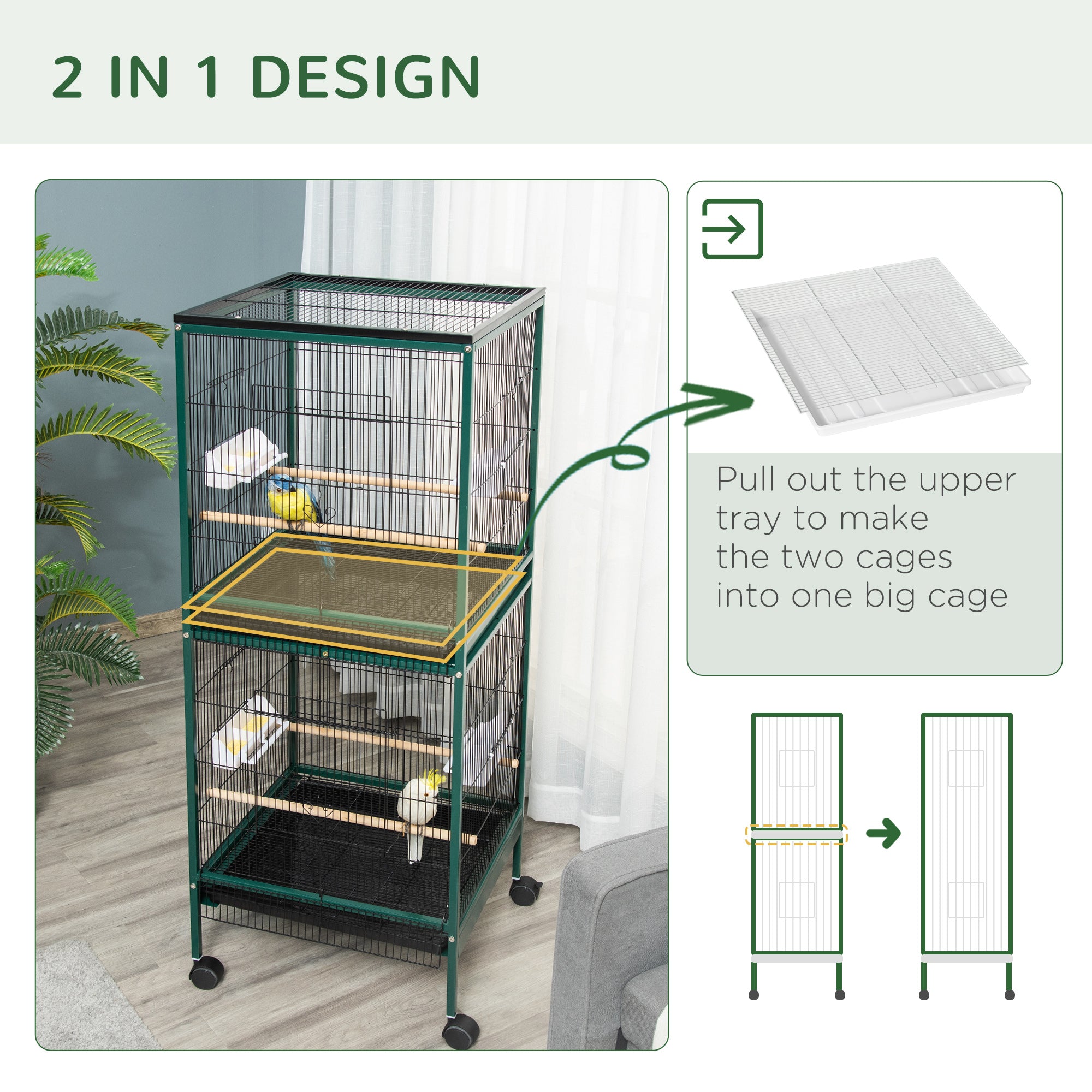 55.1" 2 In 1 Bird Cage Aviary Parakeet House for finches, budgies with Wheels, Slide-out Trays, Wood Perch, Food Containers, Green