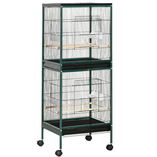 55.1" 2 In 1 Bird Cage Aviary Parakeet House for finches, budgies with Wheels, Slide-out Trays, Wood Perch, Food Containers, Green
