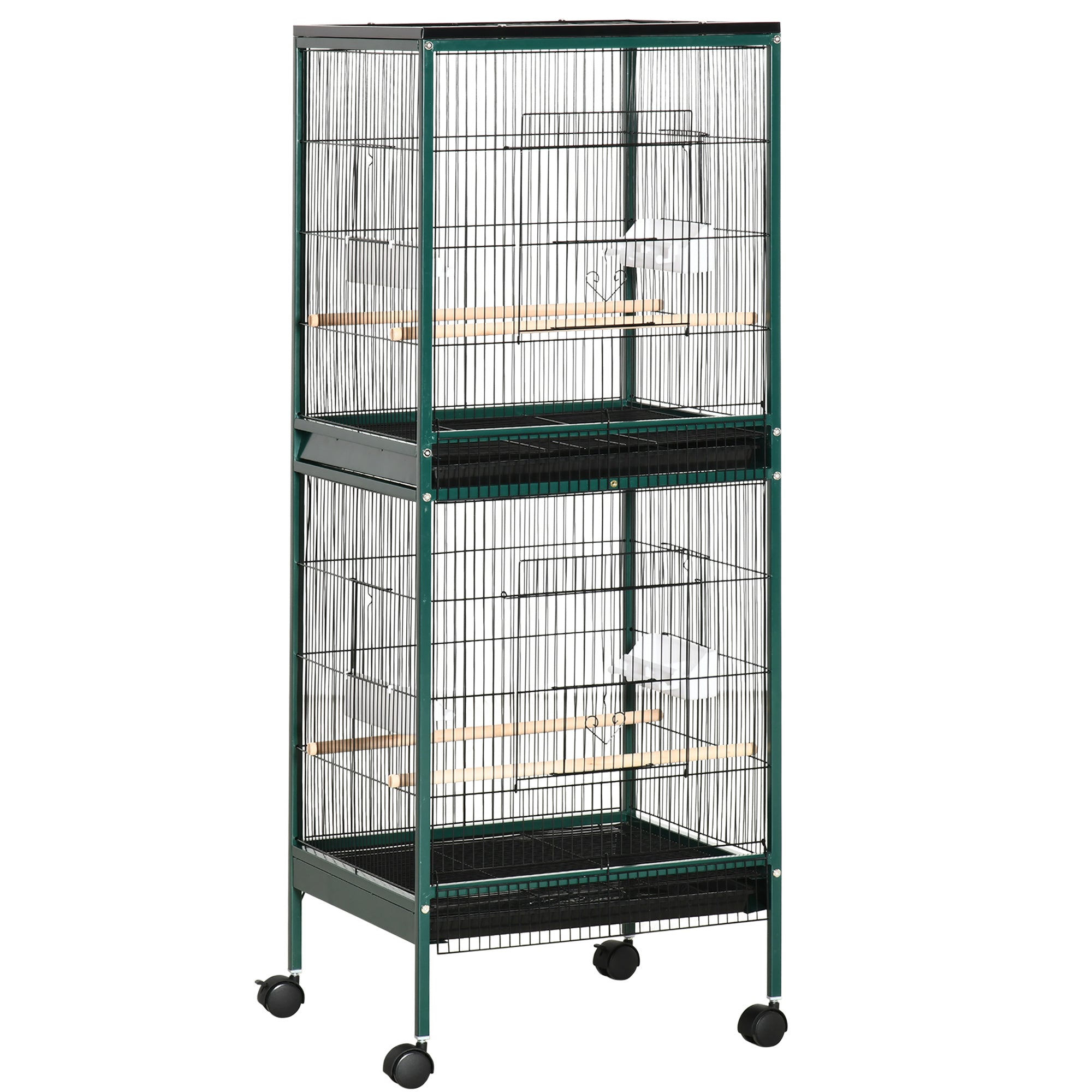 55.1" 2 In 1 Bird Cage Aviary Parakeet House for finches, budgies with Wheels, Slide-out Trays, Wood Perch, Food Containers, Green