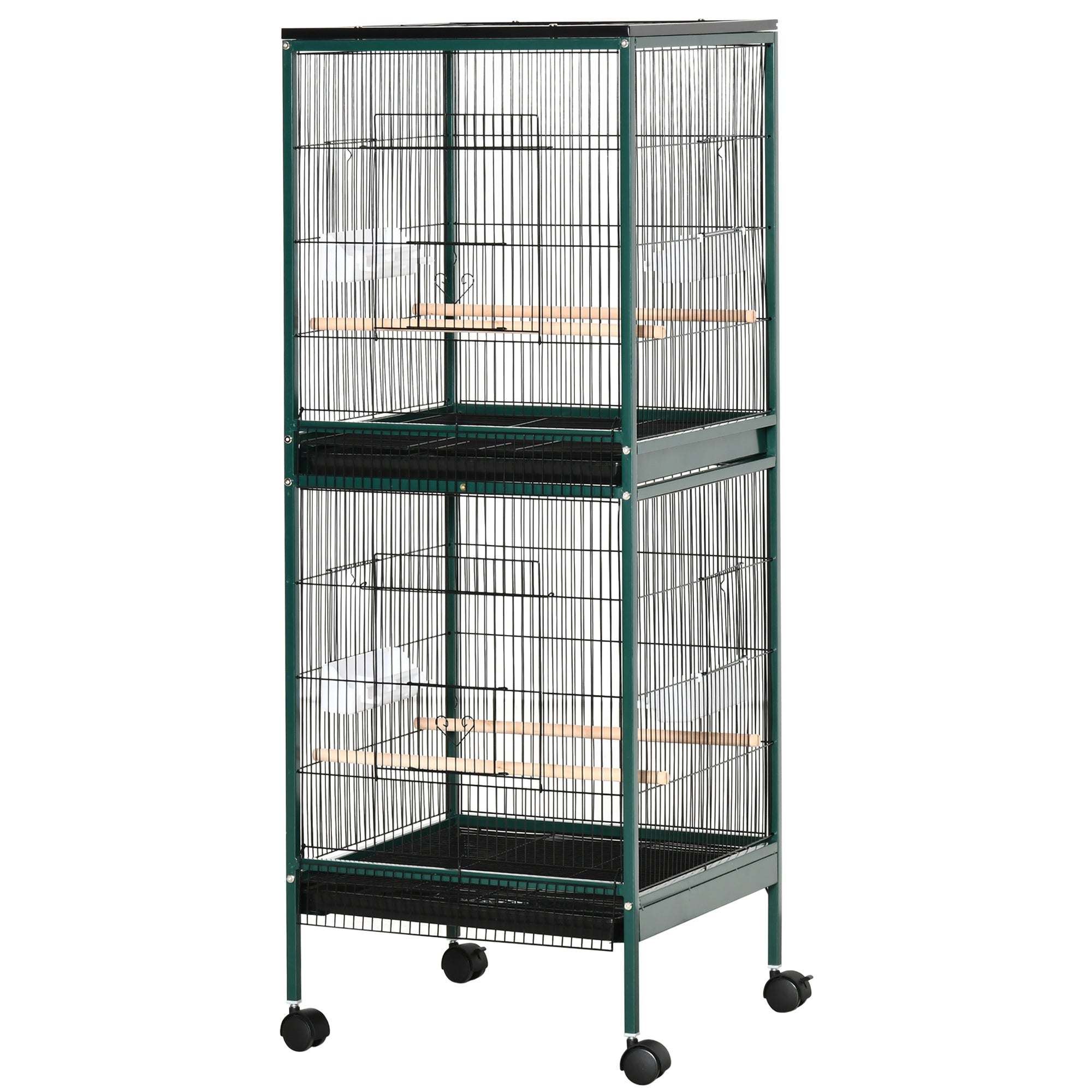 55.1" 2 In 1 Bird Cage Aviary Parakeet House for finches, budgies with Wheels, Slide-out Trays, Wood Perch, Food Containers, Green