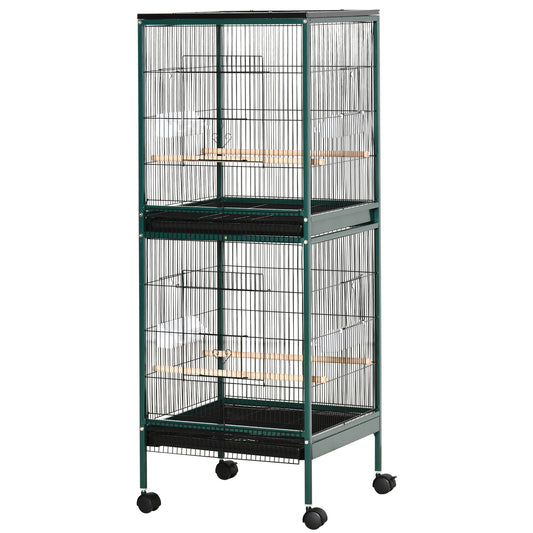 55.1" 2 In 1 Bird Cage Aviary Parakeet House for finches, budgies with Wheels, Slide-out Trays, Wood Perch, Food Containers, Green