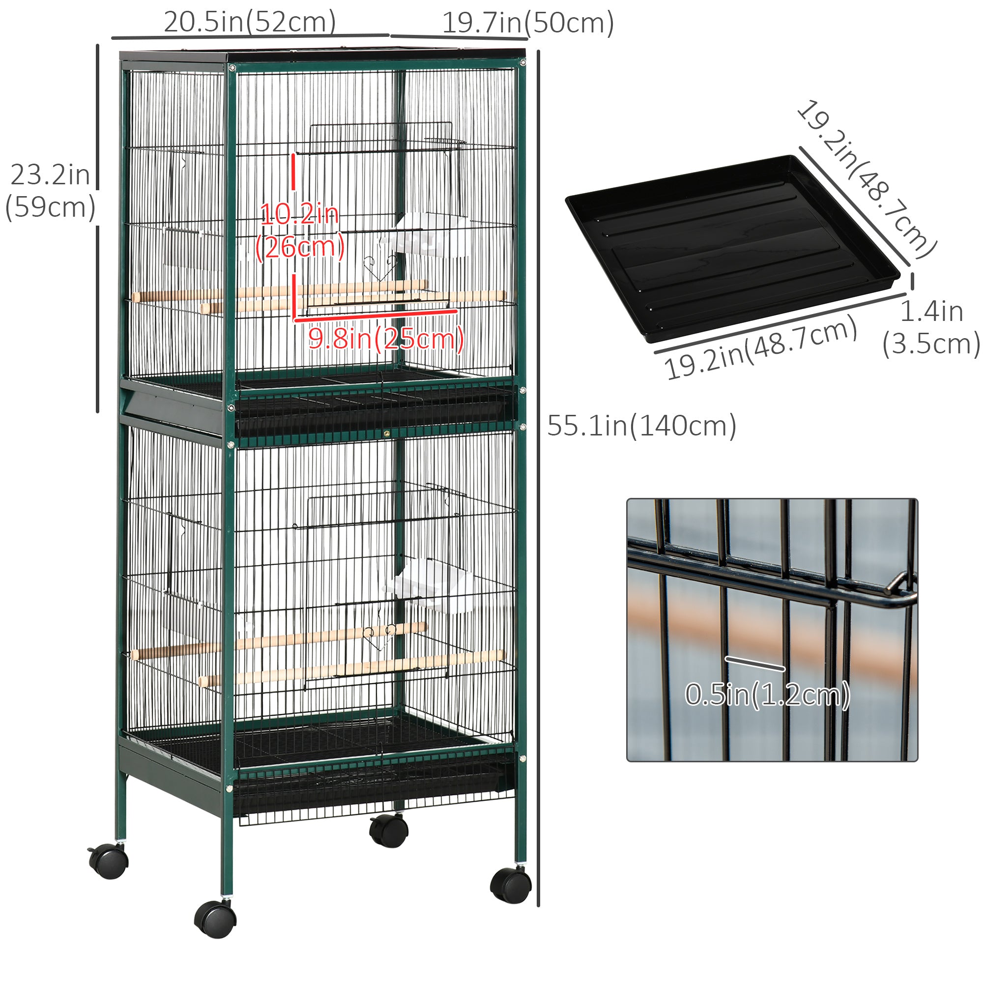55.1" 2 In 1 Bird Cage Aviary Parakeet House for finches, budgies with Wheels, Slide-out Trays, Wood Perch, Food Containers, Green
