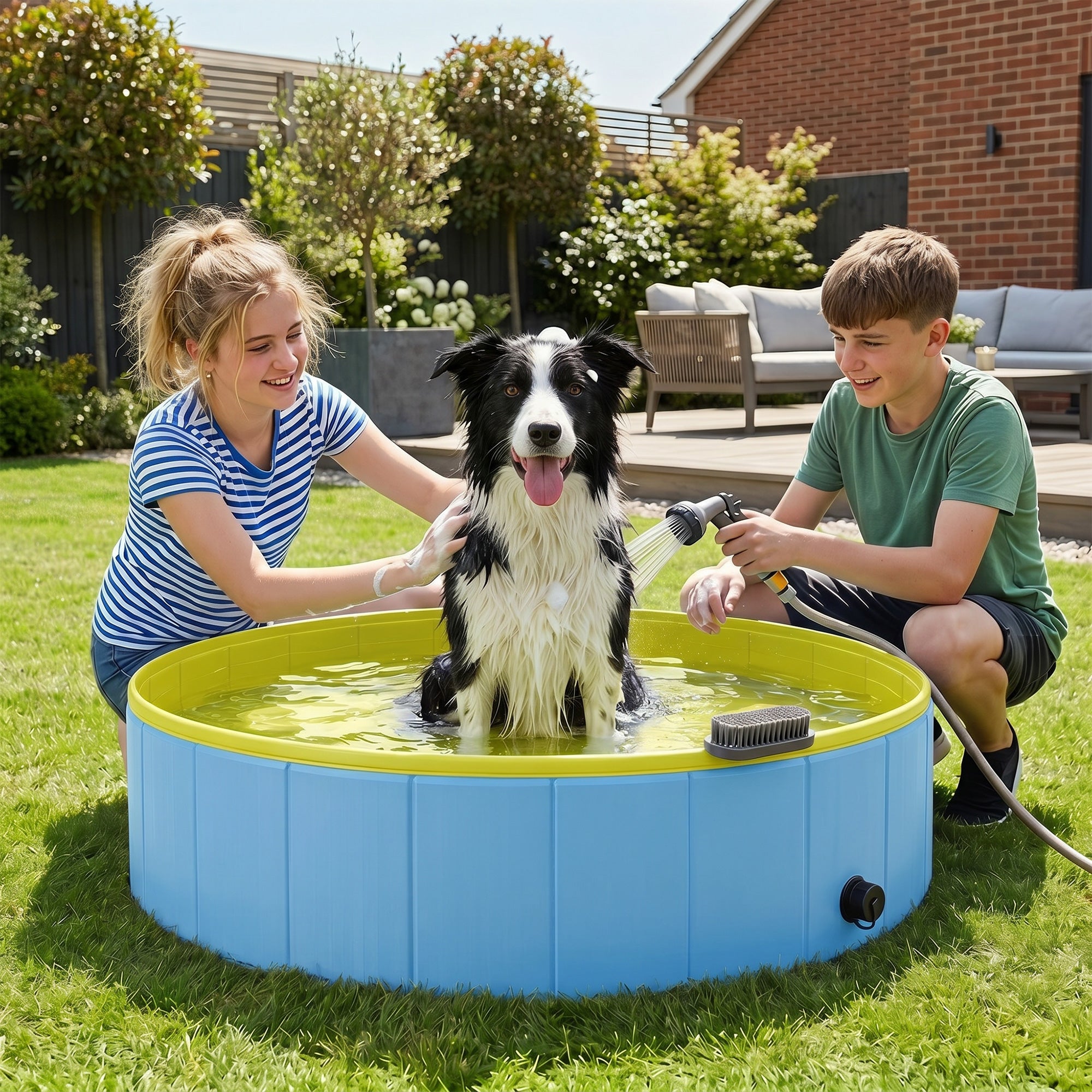 Foldable Dog Pool for Puppies and Ducks, Thickened PVC Dog Paddling Pool Bath Tub Hard Board, Anti-Slip Bottom and Hose Adapter for Easy Drainage, 120 x 30cm, Blue and Yellow