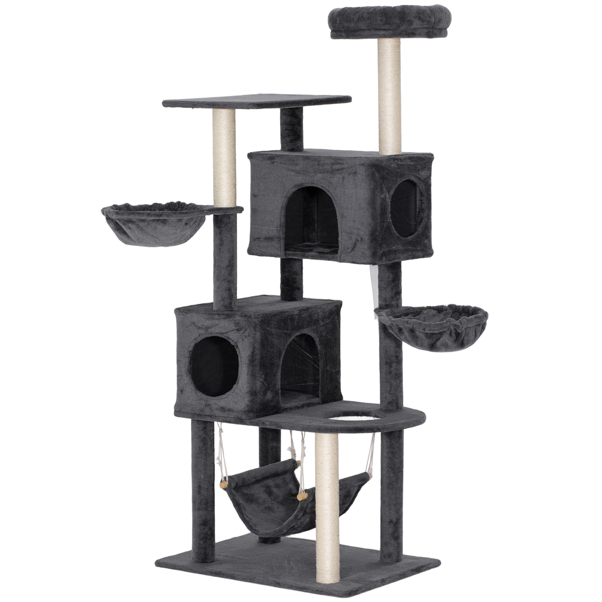 Cat Tree, 66 Inch Large Cat Tower with 2 Door Condos, 3 Big Hammocks, Plush Top Perch, Sisal Scratching Posts, Multi-level Kitty Tree for Indoor Kittens, Dark Grey