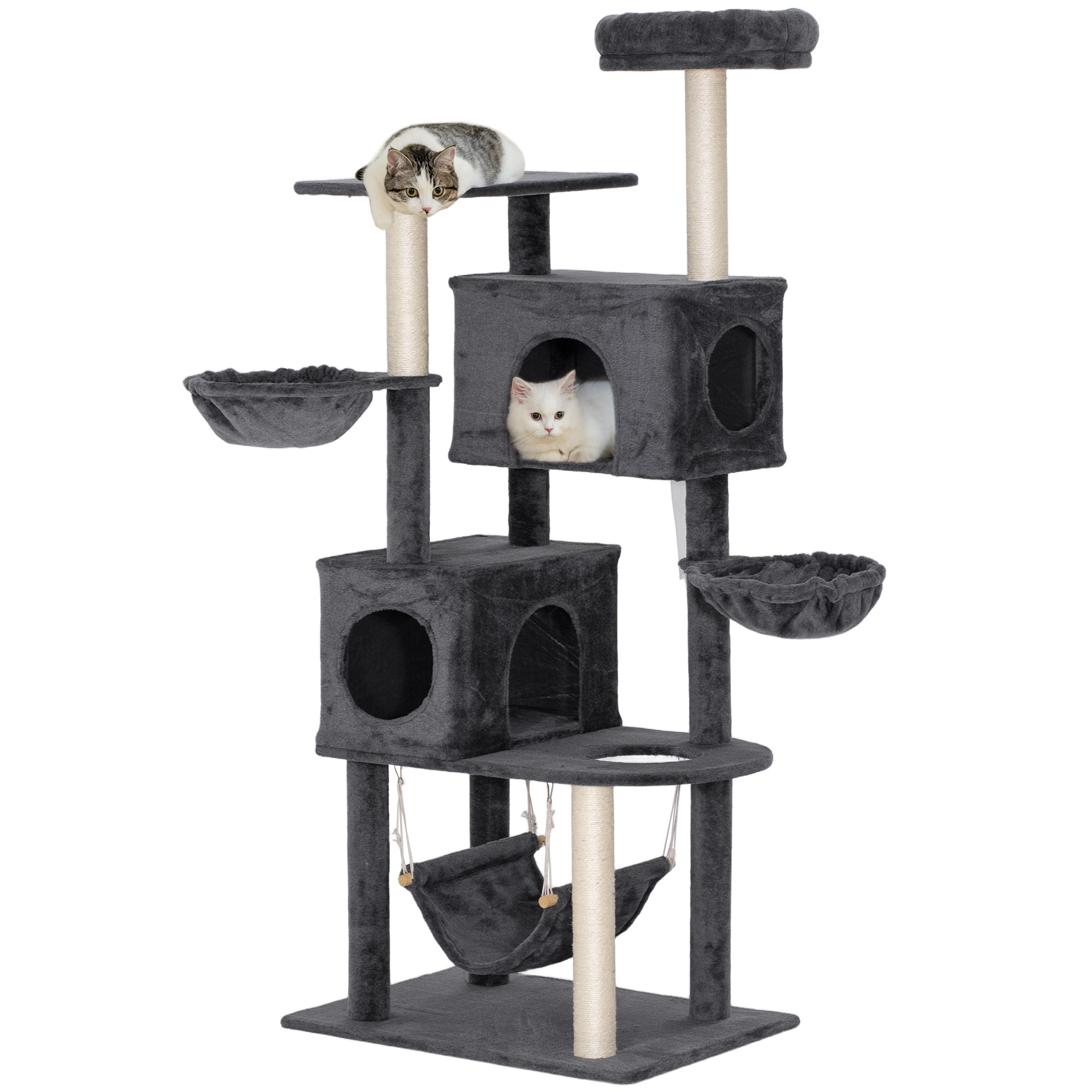 Cat Tree, 66 Inch Large Cat Tower with 2 Door Condos, 3 Big Hammocks, Plush Top Perch, Sisal Scratching Posts, Multi-level Kitty Tree for Indoor Kittens, Dark Grey