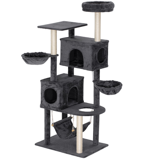 Cat Tree, 66 Inch Large Cat Tower with 2 Door Condos, 3 Big Hammocks, Plush Top Perch, Sisal Scratching Posts, Multi-level Kitty Tree for Indoor Kittens, Dark Grey