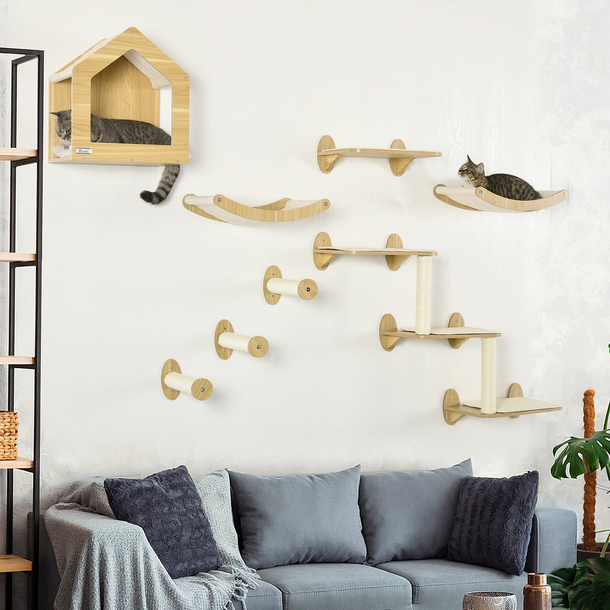 8 Piece Cat Shelves Set, Cat Wall Furniture with Condo, 3 Perches, 3 Scratching Posts, Steps, Wall Mounted Kitty Tree for Indoor Kittens, Beige