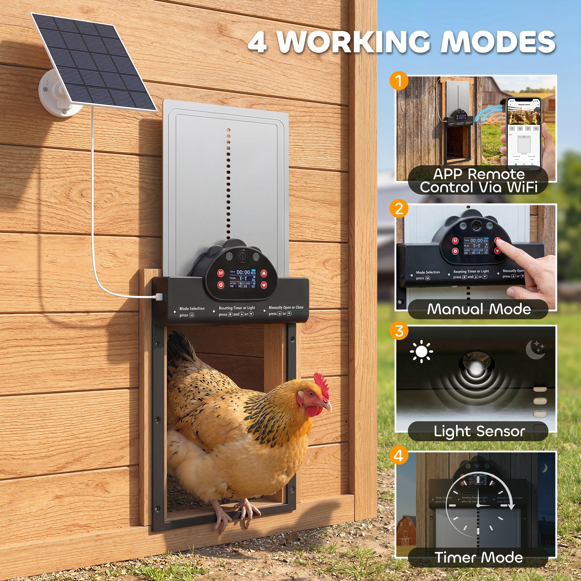 2K HD AI Camera Automatic Chicken Coop Door, WiFi Solar Powered Auto Chicken Coop Door Opener with Timer & Light Sensor, APP Remote Control, 5200 mAh Battery, Anti-Pinch & Alarm Driver Function