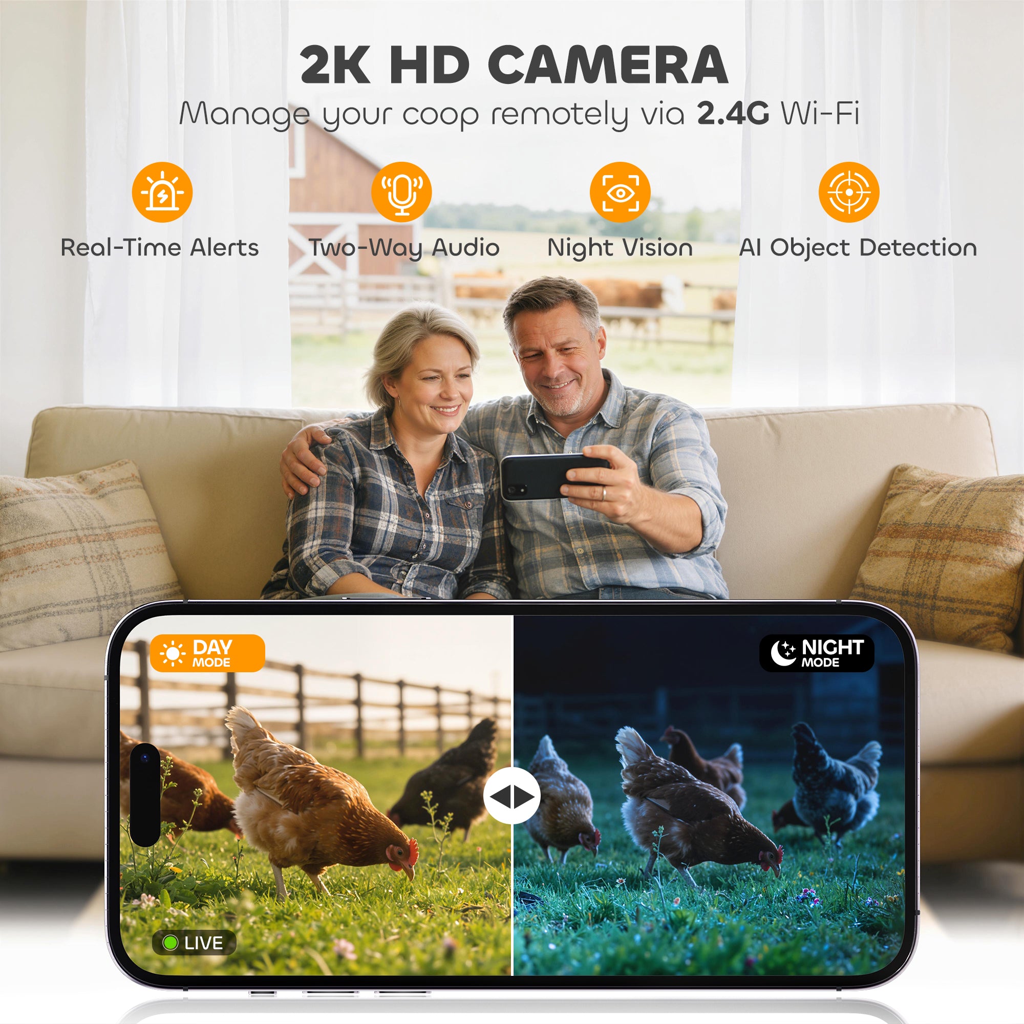 2K HD AI Camera Automatic Chicken Coop Door, WiFi Solar Powered Auto Chicken Coop Door Opener with Timer & Light Sensor, APP Remote Control, 5200 mAh Battery, Anti-Pinch & Alarm Driver Function