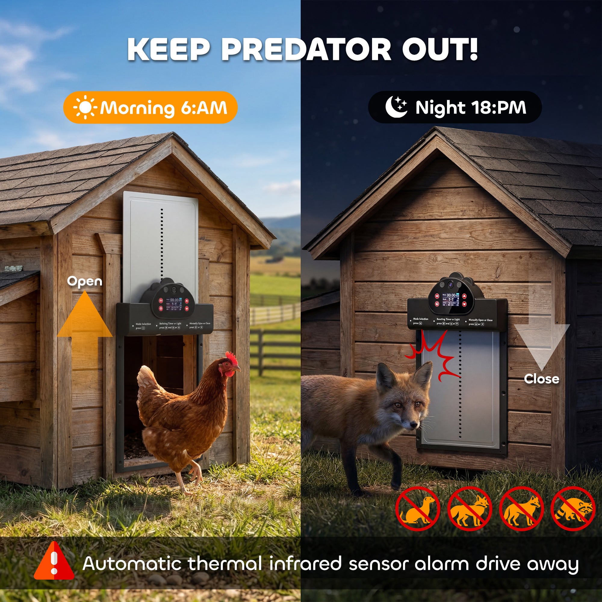2K HD AI Camera Automatic Chicken Coop Door, WiFi Solar Powered Auto Chicken Coop Door Opener with Timer & Light Sensor, APP Remote Control, 5200 mAh Battery, Anti-Pinch & Alarm Driver Function