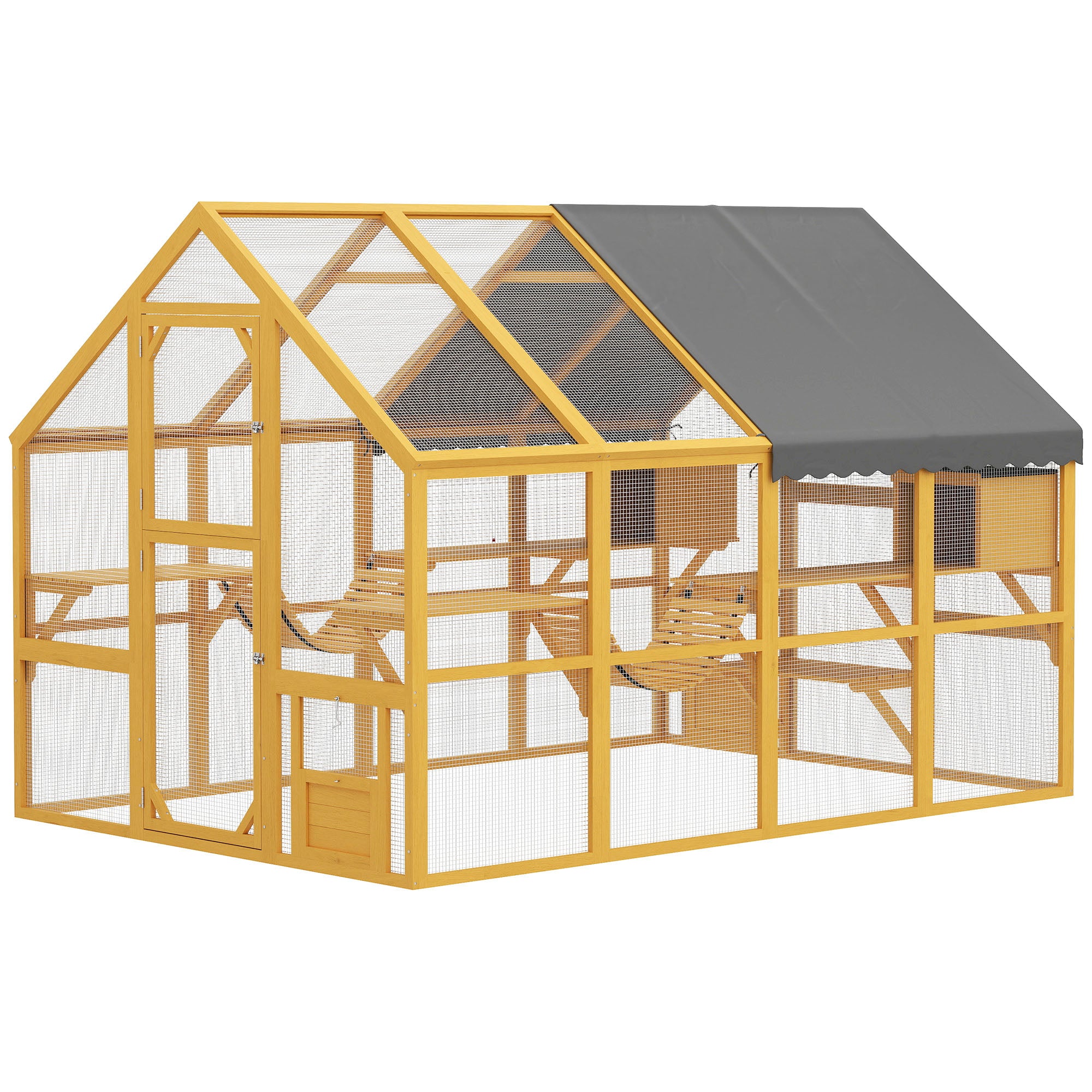 Catio Outdoor Cat Enclosure, Large Wooden Cat House for Multiple Kittens with Waterproof Cover, Walk in Kitty Cage with 2 Condos, 6 Platforms, Bridge, Doors, 74"H, Yellow