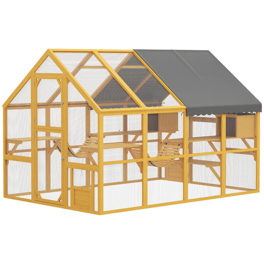 Catio Outdoor Cat Enclosure, Large Wooden Cat House for Multiple Kittens with Waterproof Cover, Walk in Kitty Cage with 2 Condos, 6 Platforms, Bridge, Doors, 74"H, Yellow