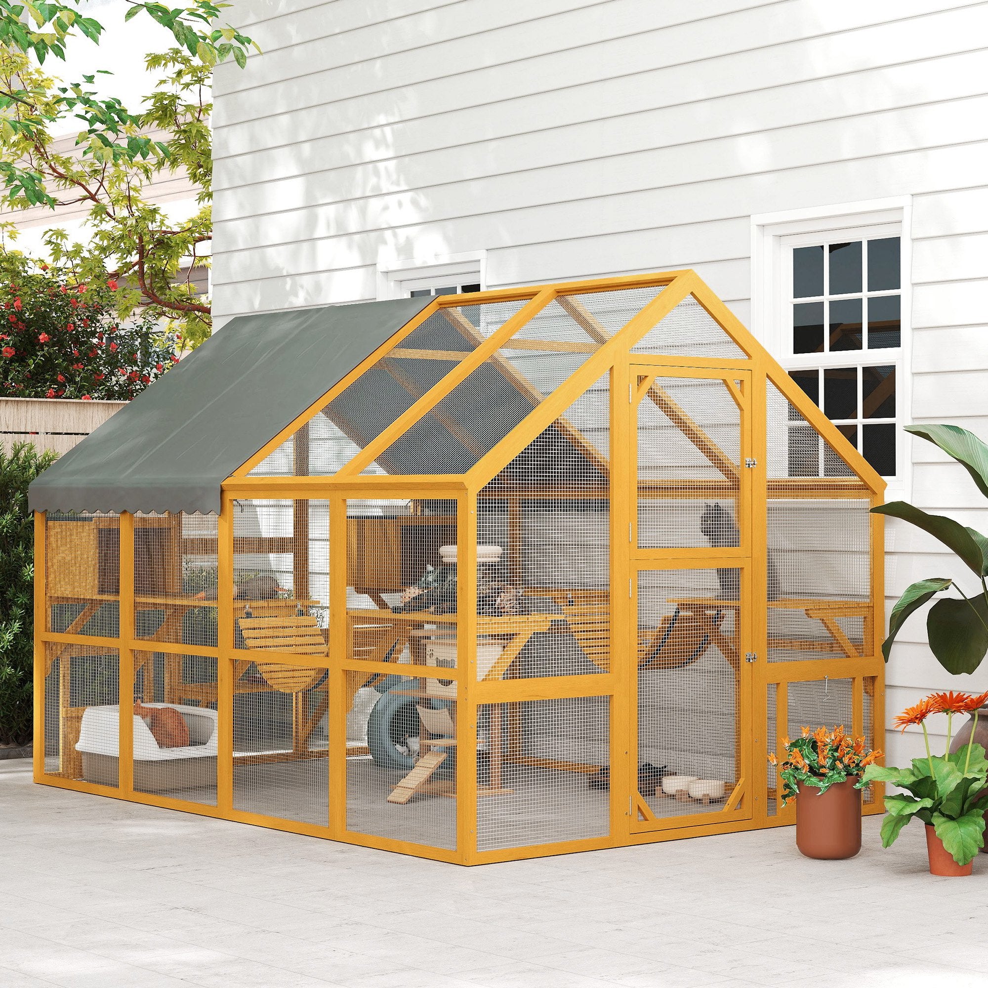 Catio Outdoor Cat Enclosure, Large Wooden Cat House for Multiple Kittens with Waterproof Cover, Walk in Kitty Cage with 2 Condos, 6 Platforms, Bridge, Doors, 74"H, Yellow