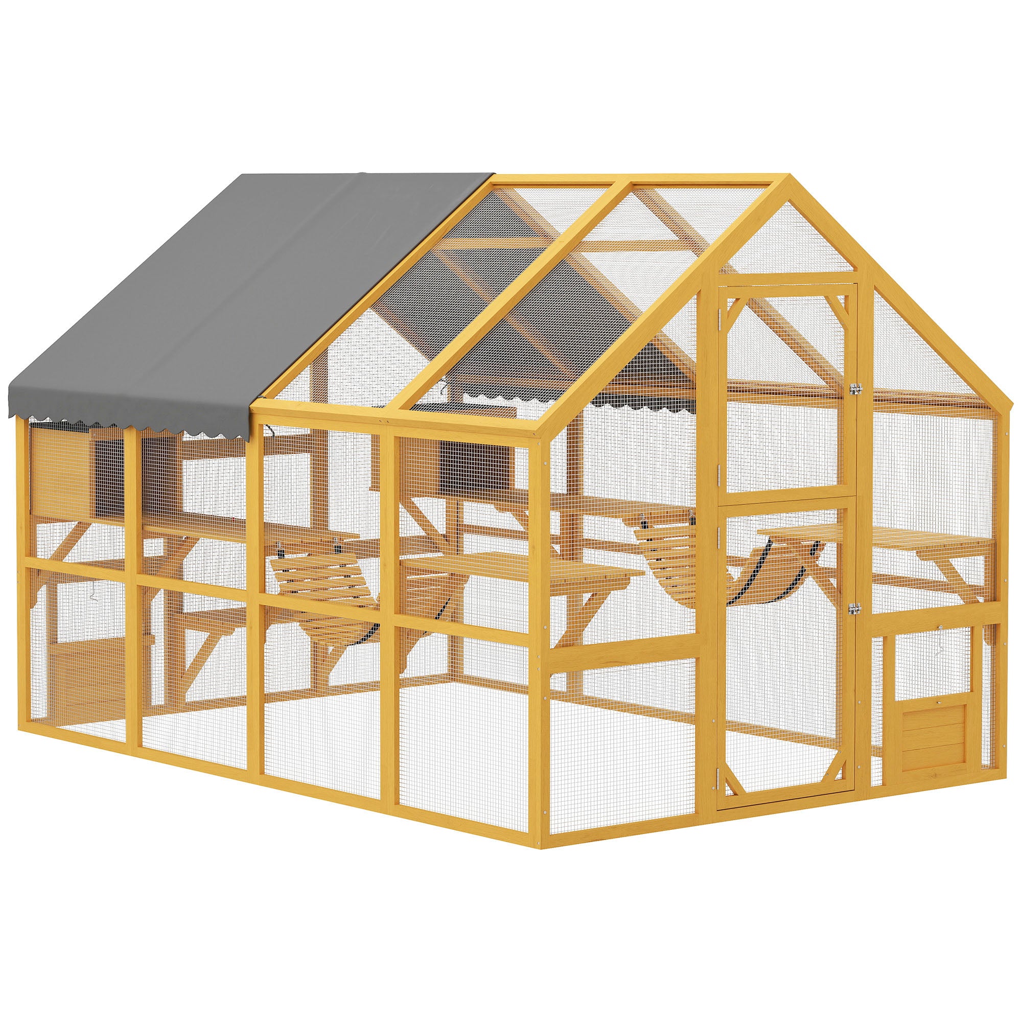Catio Outdoor Cat Enclosure, Large Wooden Cat House for Multiple Kittens with Waterproof Cover, Walk in Kitty Cage with 2 Condos, 6 Platforms, Bridge, Doors, 74"H, Yellow