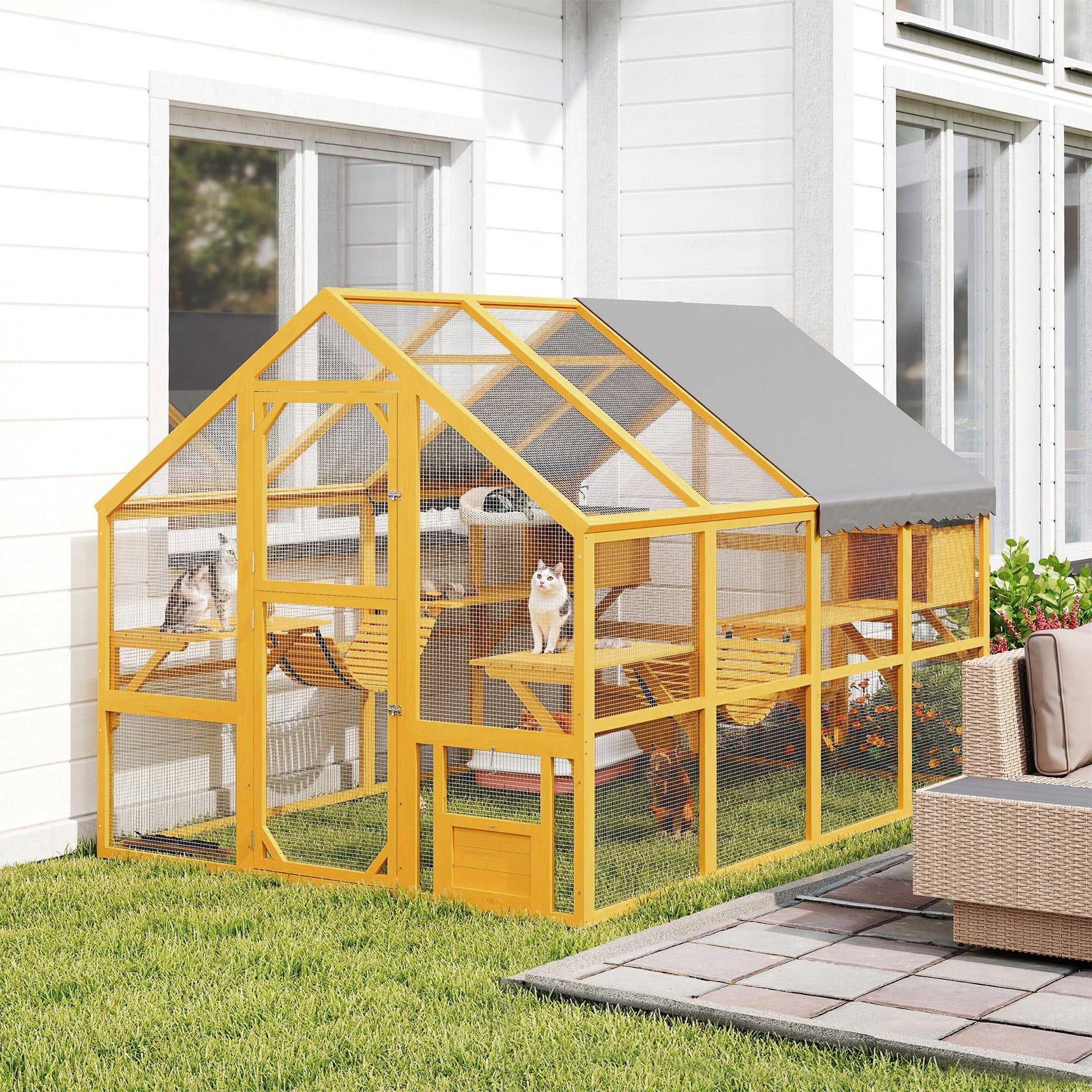 Catio Outdoor Cat Enclosure, Large Wooden Cat House for Multiple Kittens with Waterproof Cover, Walk in Kitty Cage with 2 Condos, 6 Platforms, Bridge, Doors, 74"H, Yellow