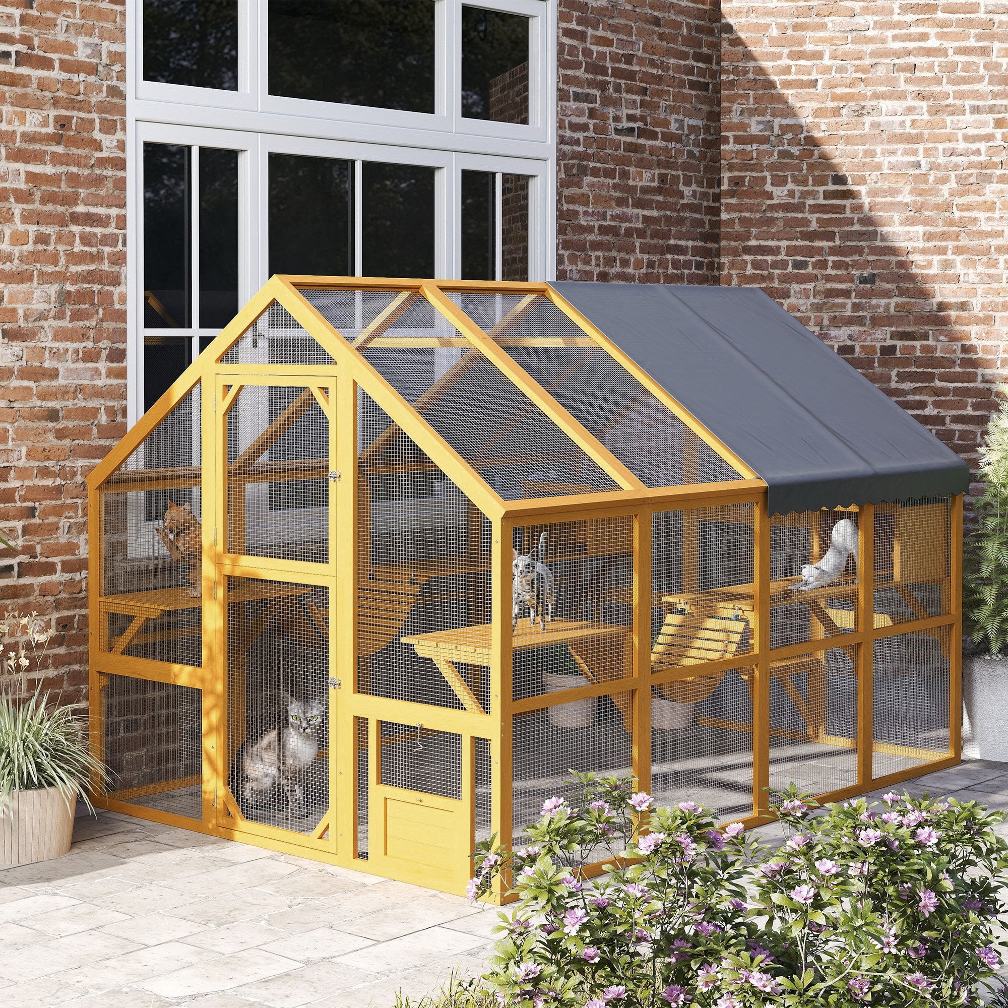 Catio Outdoor Cat Enclosure, Large Wooden Cat House for Multiple Kittens with Waterproof Cover, Walk in Kitty Cage with 2 Condos, 6 Platforms, Bridge, Doors, 74"H, Yellow