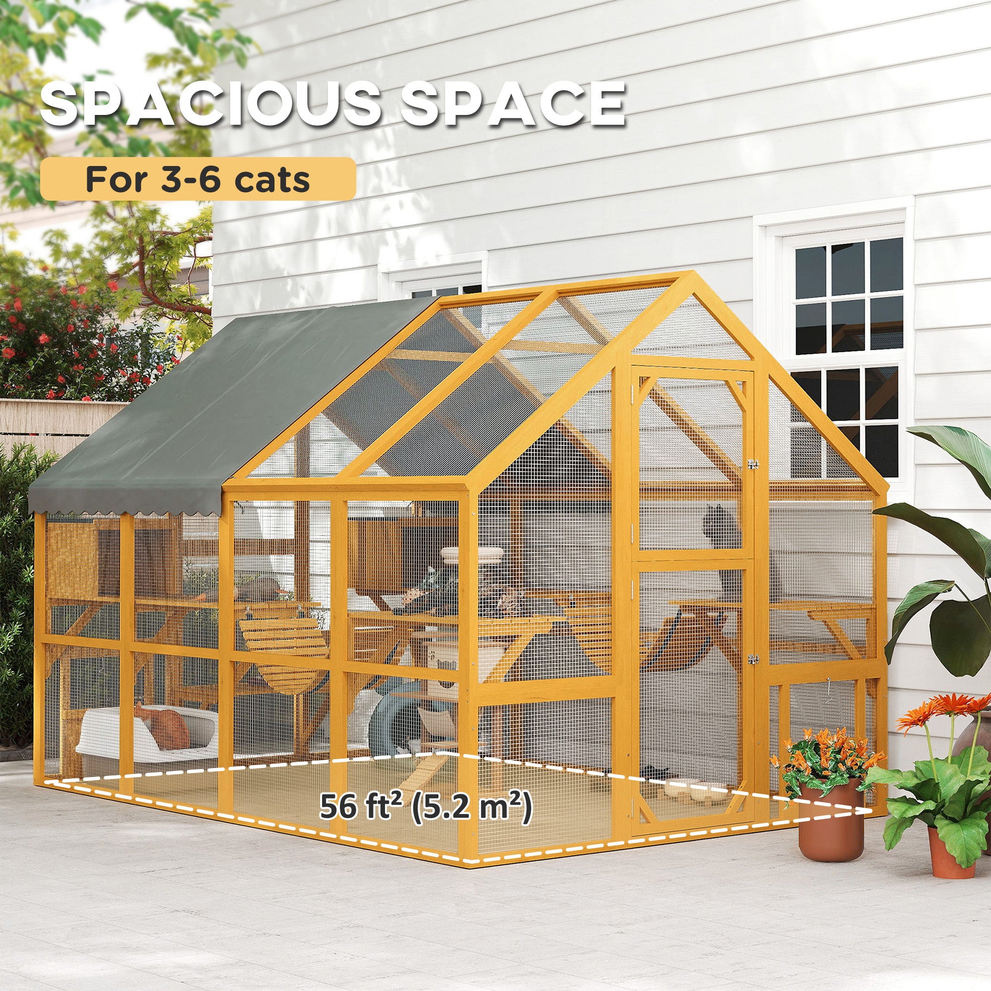 Catio Outdoor Cat Enclosure, Large Wooden Cat House for Multiple Kittens with Waterproof Cover, Walk in Kitty Cage with 2 Condos, 6 Platforms, Bridge, Doors, 74"H, Yellow