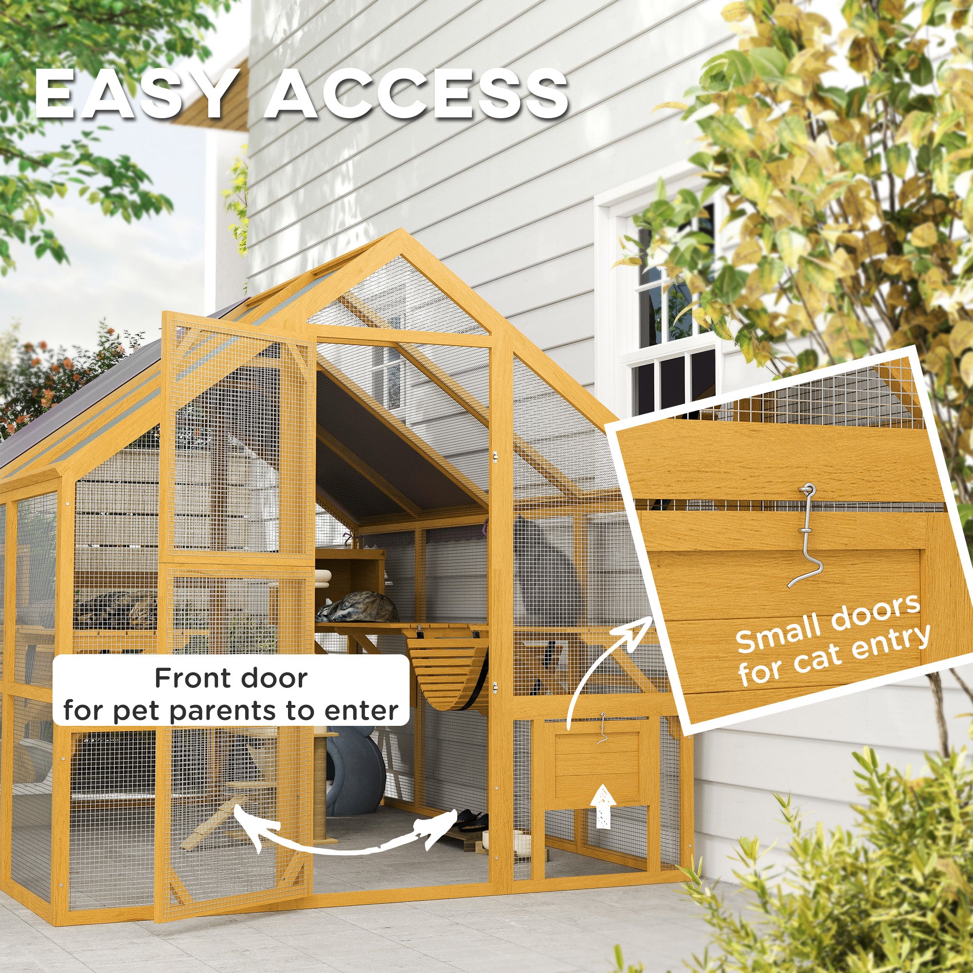 Catio Outdoor Cat Enclosure, Large Wooden Cat House for Multiple Kittens with Waterproof Cover, Walk in Kitty Cage with 2 Condos, 6 Platforms, Bridge, Doors, 74"H, Yellow