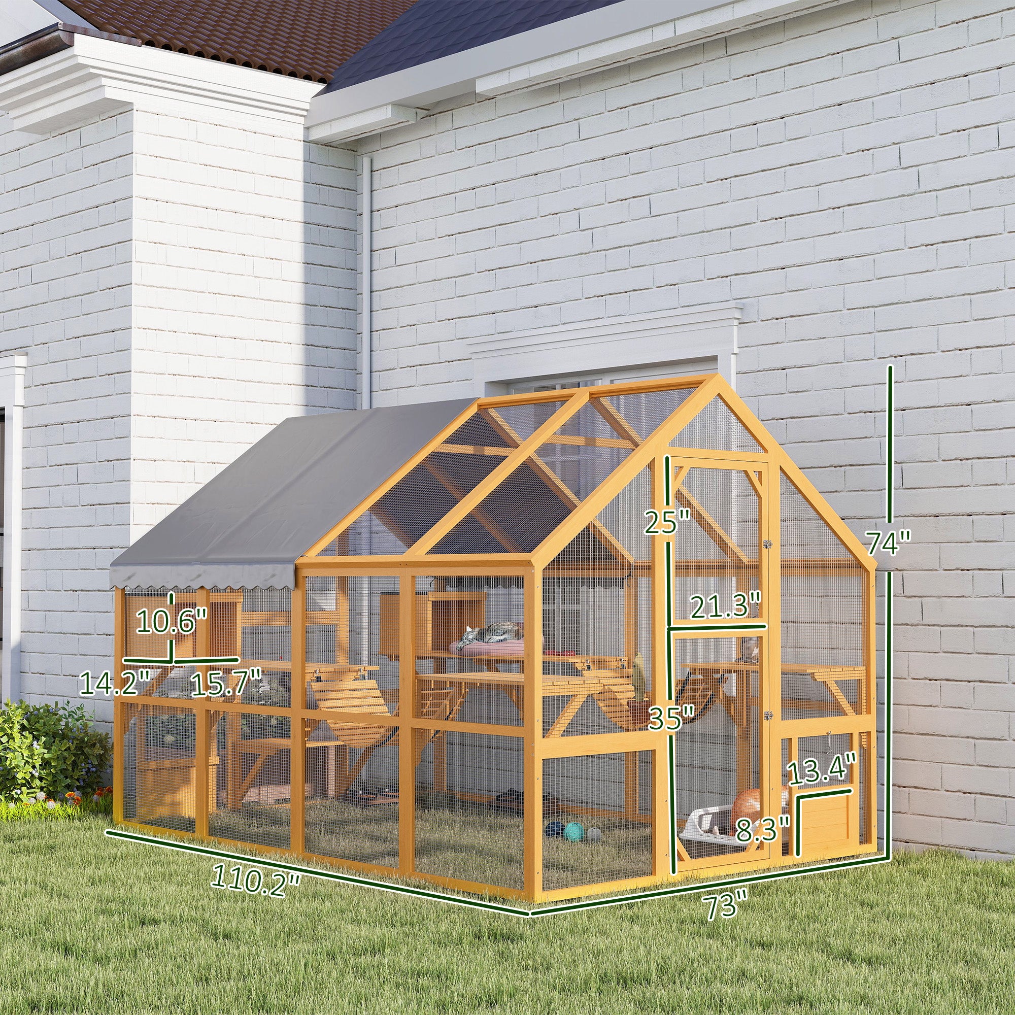 Catio Outdoor Cat Enclosure, Large Wooden Cat House for Multiple Kittens with Waterproof Cover, Walk in Kitty Cage with 2 Condos, 6 Platforms, Bridge, Doors, 74"H, Yellow